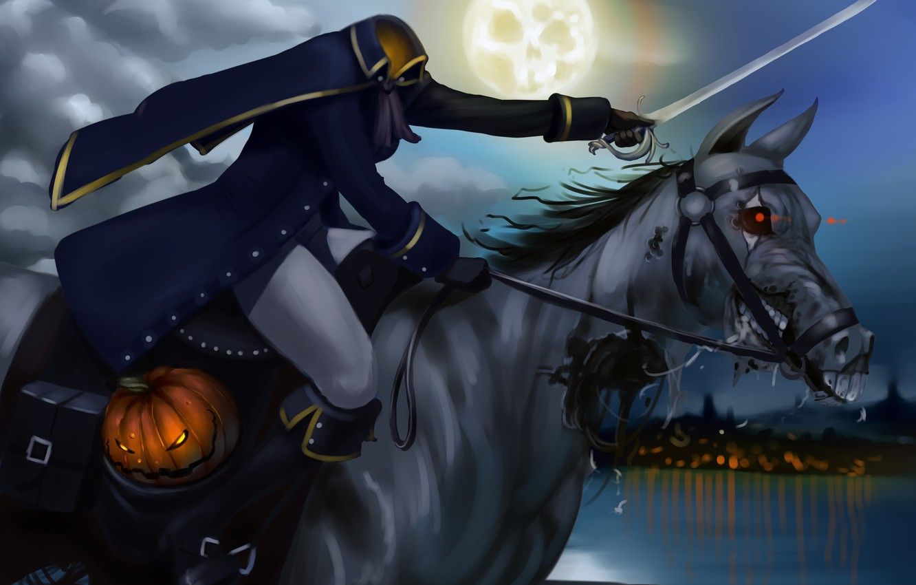 Wallpaper night, the moon, horse, pumpkin, rider, head, Halloween, without, dead image for desktop, section фантастика