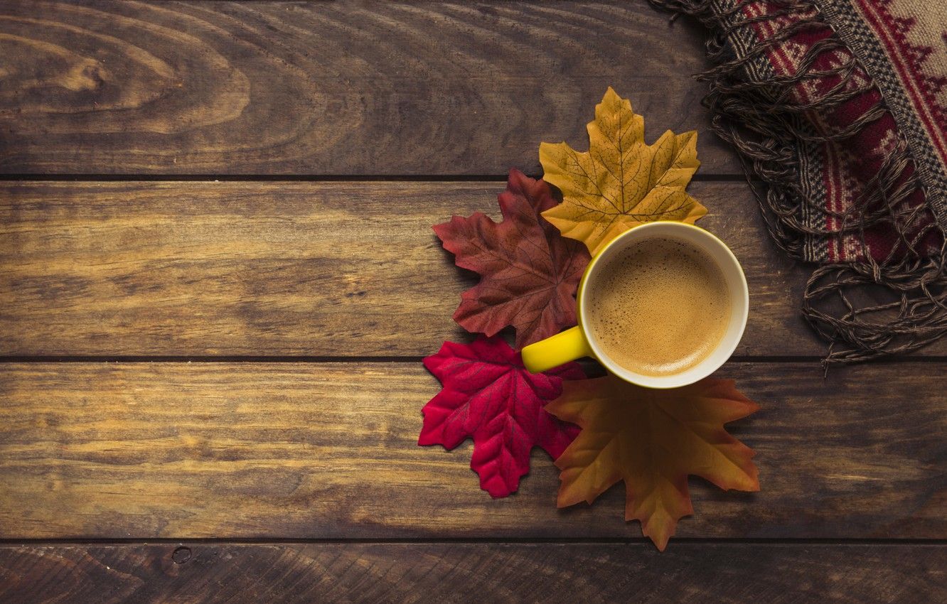 Wallpaper autumn, leaves, background, tree, coffee, colorful, scarf, Cup, Board, wood, background, autumn, leaves, cup, coffee, autumn image for desktop, section настроения