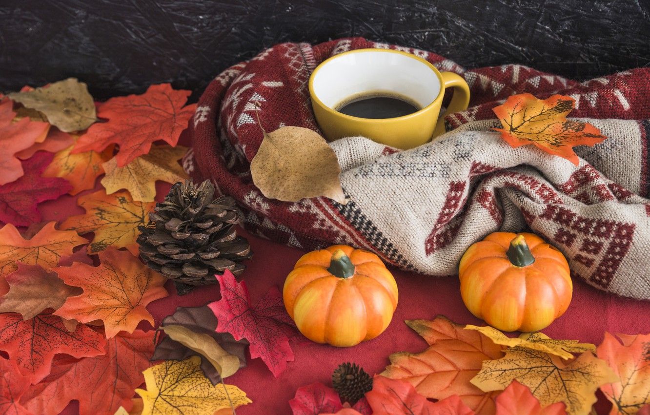 Wallpaper autumn, leaves, background, tree, coffee, colorful, harvest, mug, Cup, pumpkin, vintage, wood, background, autumn, leaves, cup image for desktop, section еда