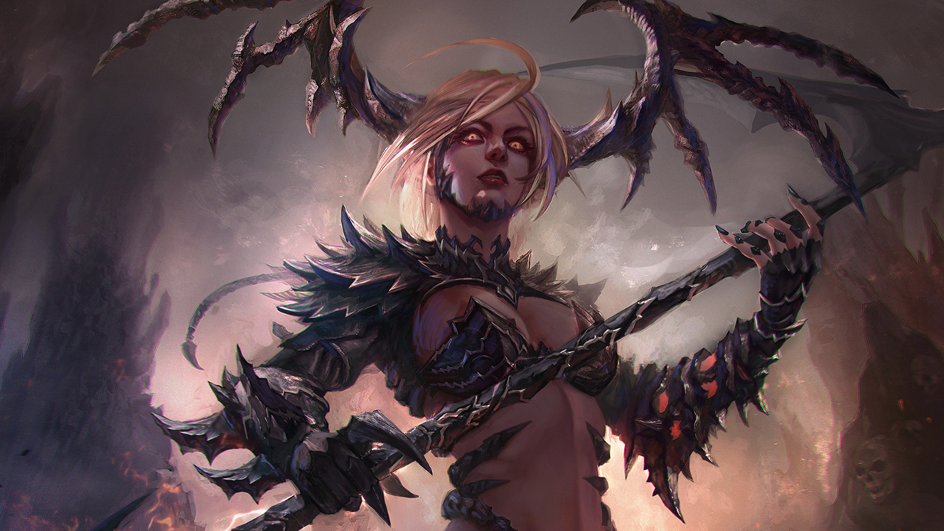 Fantasy Demon Woman Warrior Horns Scythe Stare Wallpaper. Fantasy demon, Wallpaper background, Demon