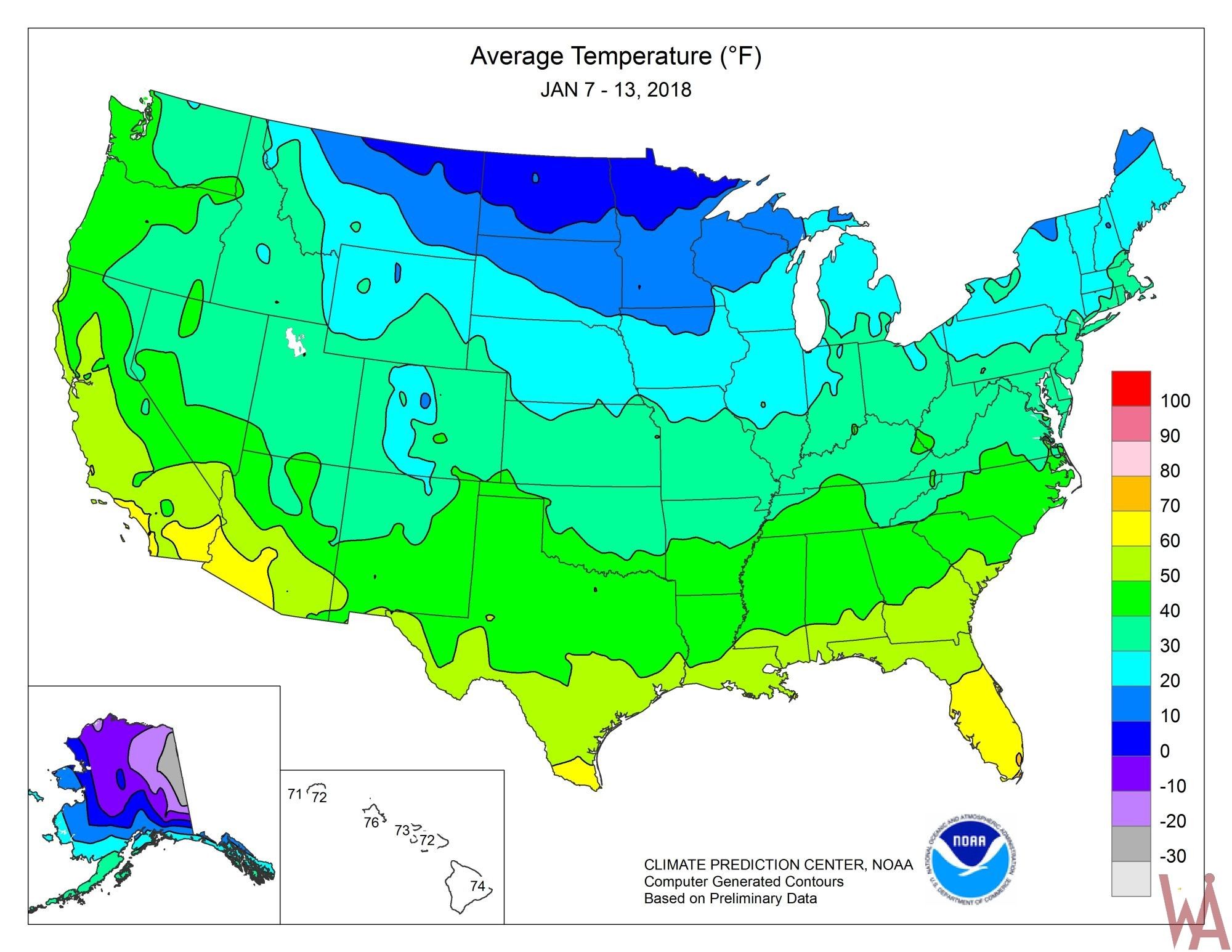Average Temperature Map of the United States January 2018