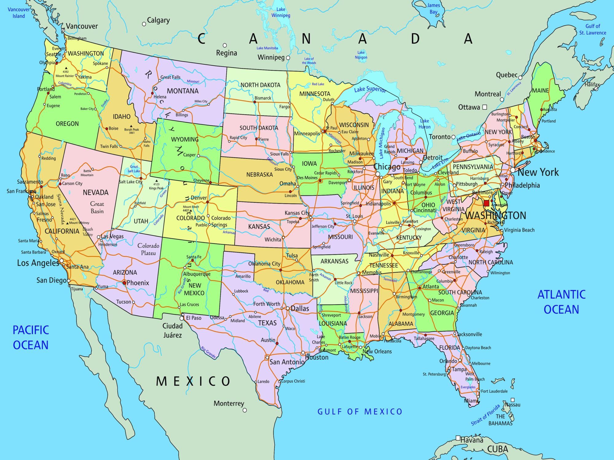 Large And Attractive City Capital And States Map of the USA