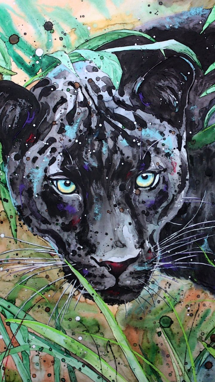 Grass, black panther, animal, art, 720x1280 wallpaper. Black jaguar animal, Animal wallpaper, Animals