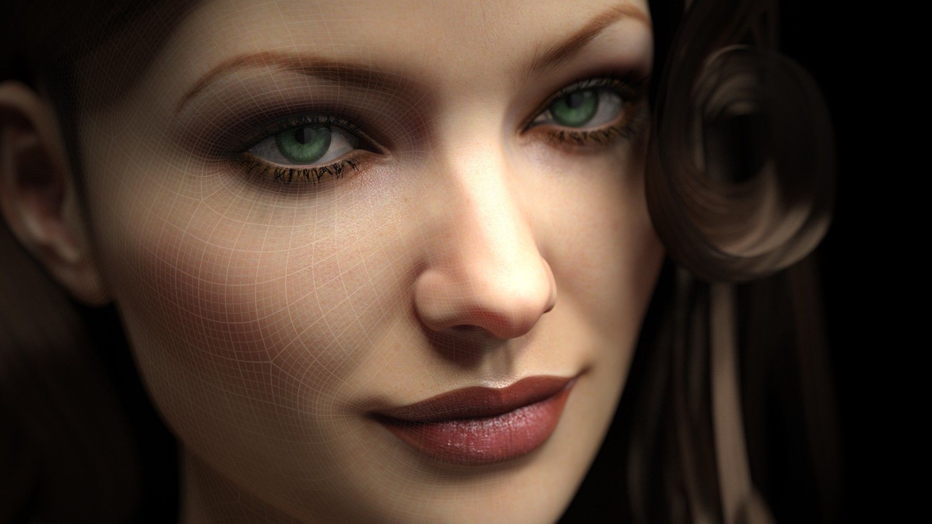 Women Digital Art Portrait Face CGi 3D Looking At Viewer Green Eyes Black Background Nets Square Ren Wallpaper:1920x1080
