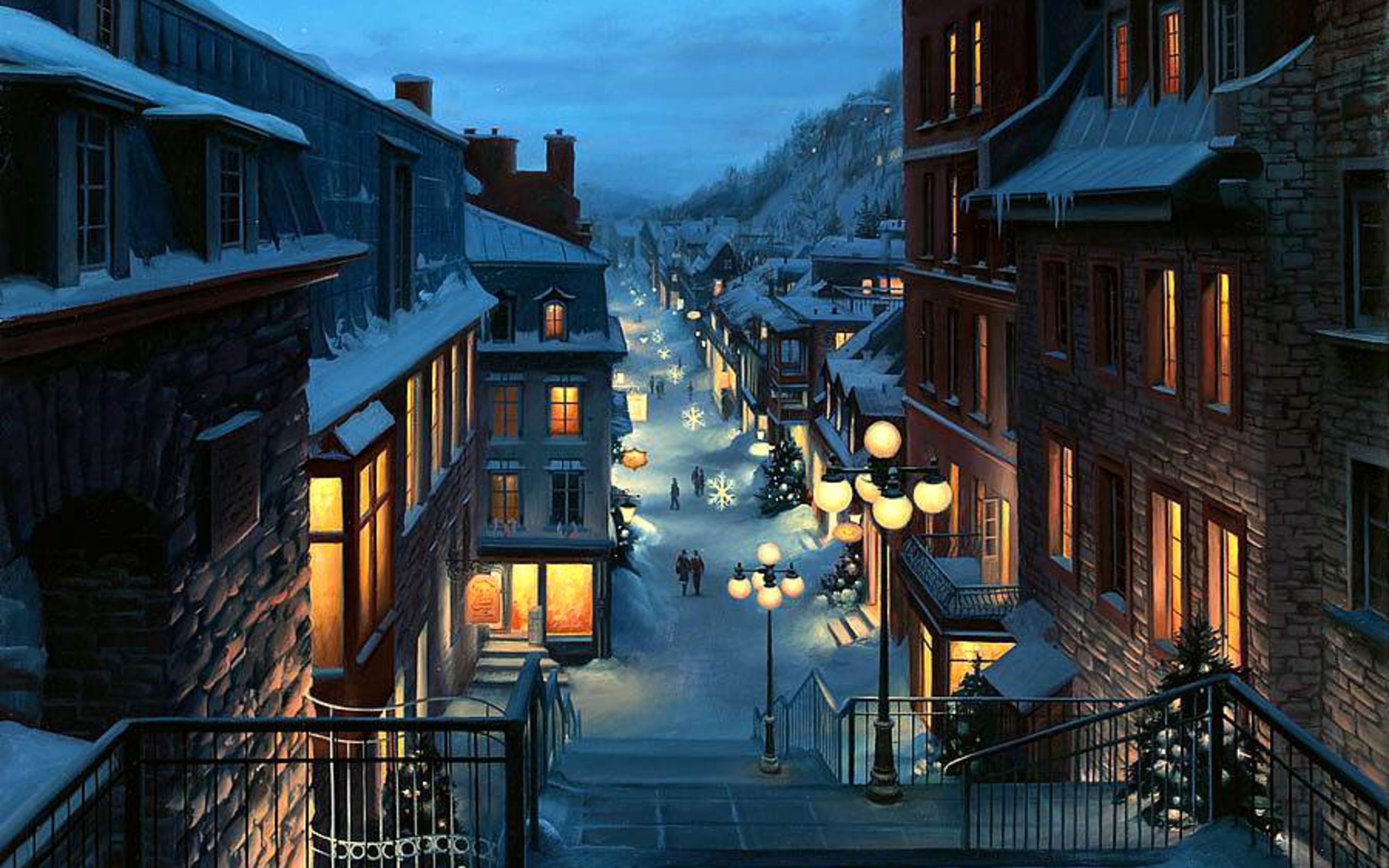 lushpin, Landscape, City, Quebec, Province, Canada, Christmas, Night, Painting Wallpaper HD / Desktop and Mobile Background