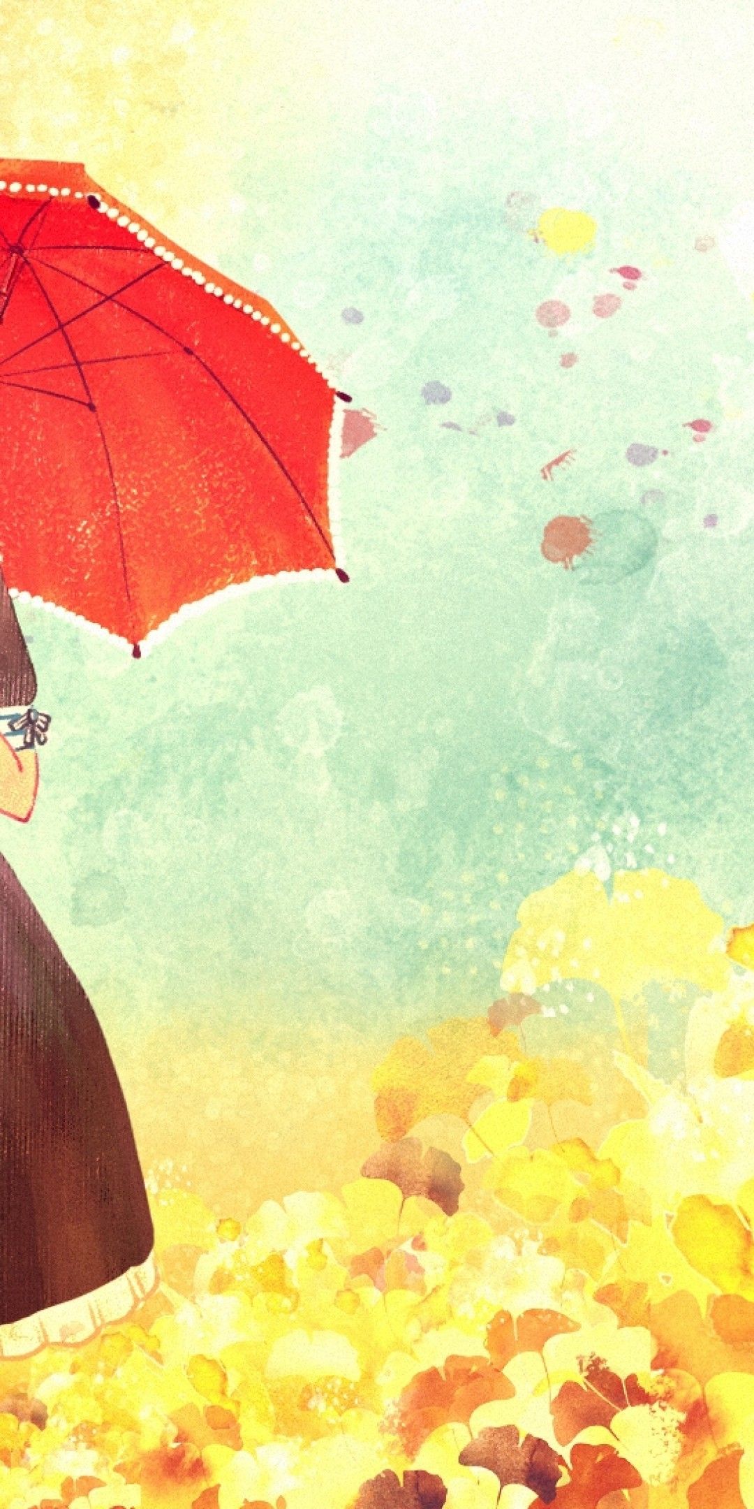 Download 1080x2160 Anime Girl, Pastel Colors, Umbrella, Autumn, Leaves, Raining Wallpaper for Huawei Mate 10