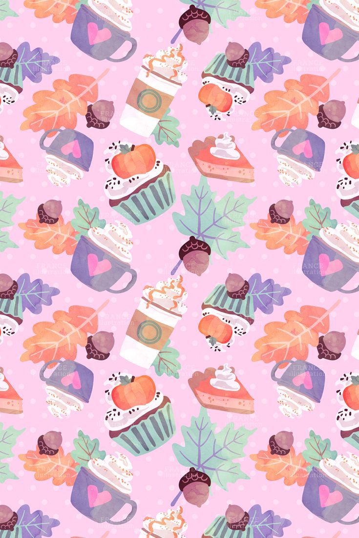 FOR 2. Fall Autumn Treats Digital Paper. Thanksgiving Pumpkin Latte, Squirrel, Cupcake, Turkey. Polka Dot. Food Coffee. Pastel, Pattern. Cute fall wallpaper, Fall wallpaper, iPhone wallpaper fall