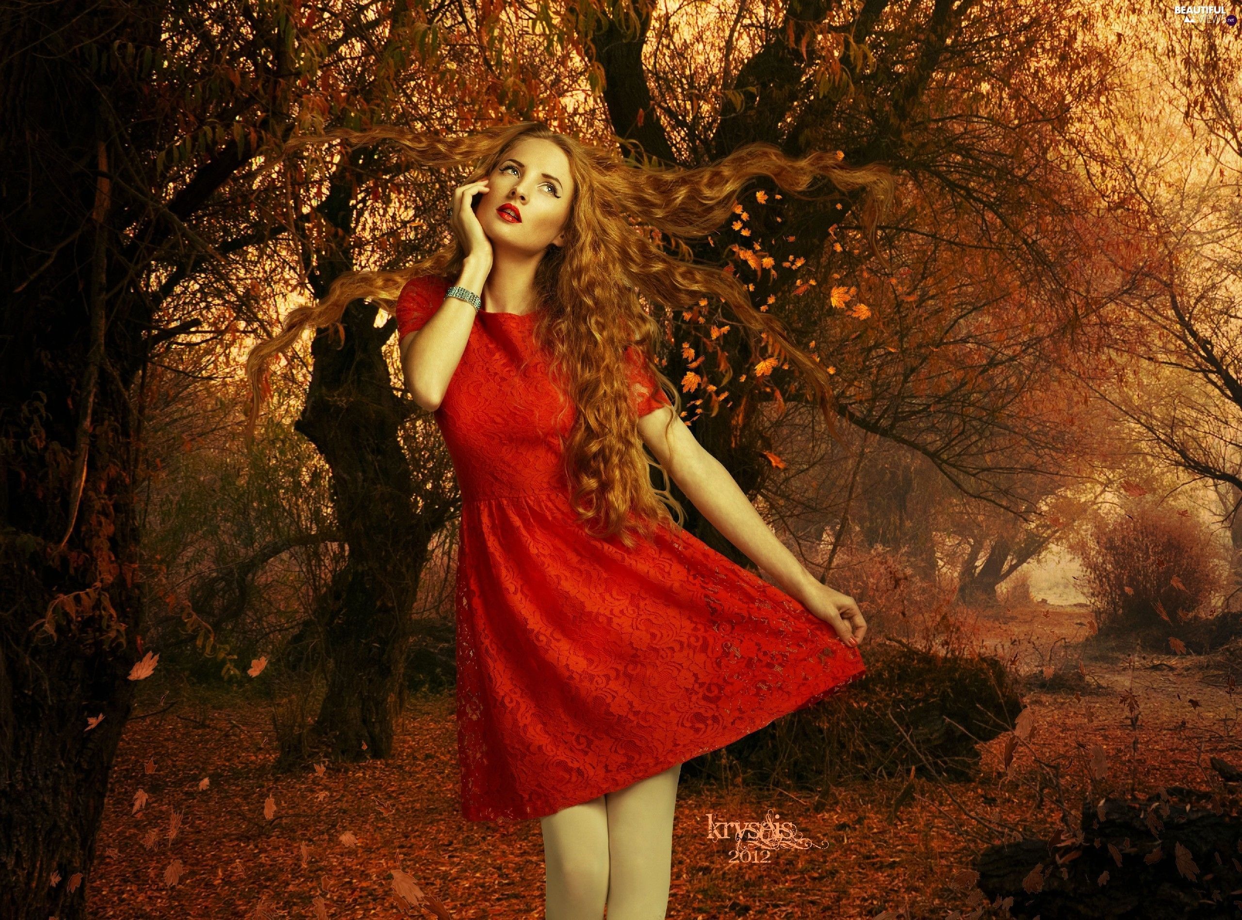 autumn, dress, Women, Leaf, red hot views wallpaper