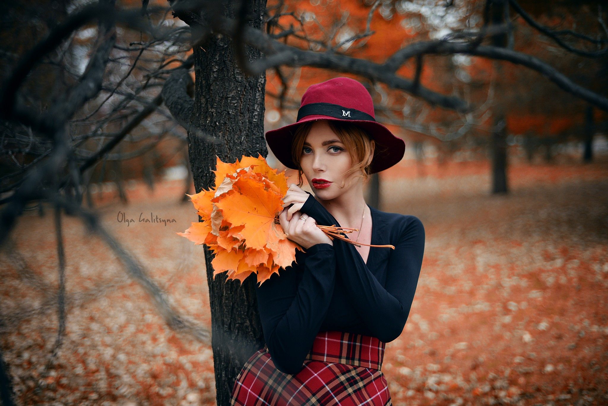 #hat, #women outdoors, #women, #leaves, #Olga Galitsyna, #fall, #redhead, #model, #blue eyes, #red lipstick, wallpaper. Mocah.org HD Desktop Wallpaper