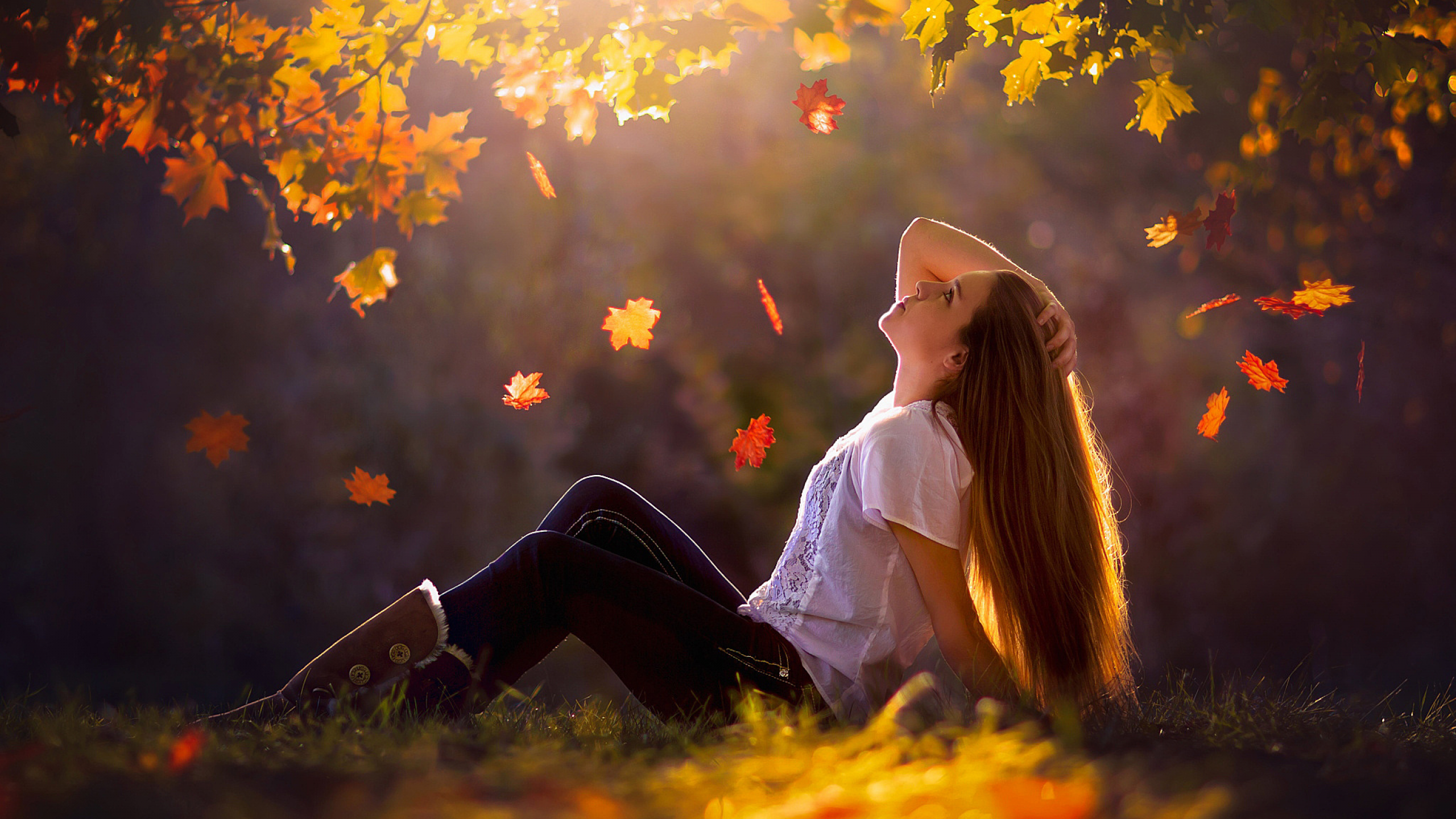 Download 2560x1440 girl, women, fall, leaves, maple, light, autumn Wallpaper