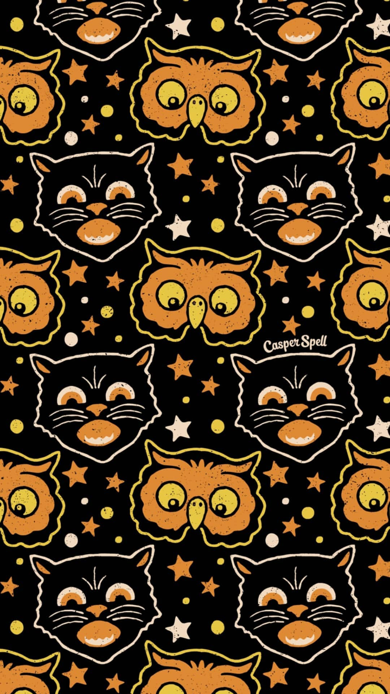 Retro Black Cat and owl Halloween by artist Casper Spell, wallpaper background lock Scre. Vintage halloween art, Halloween wallpaper, Halloween wallpaper iphone