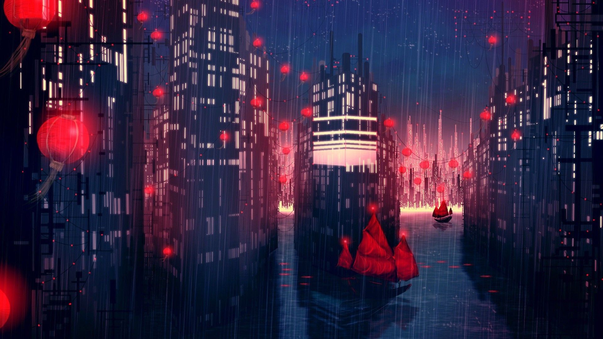 rain, City, Artwork, Fantasy Art, Concept Art, Boat, Red Wallpaper HD / Desktop and Mobile Background