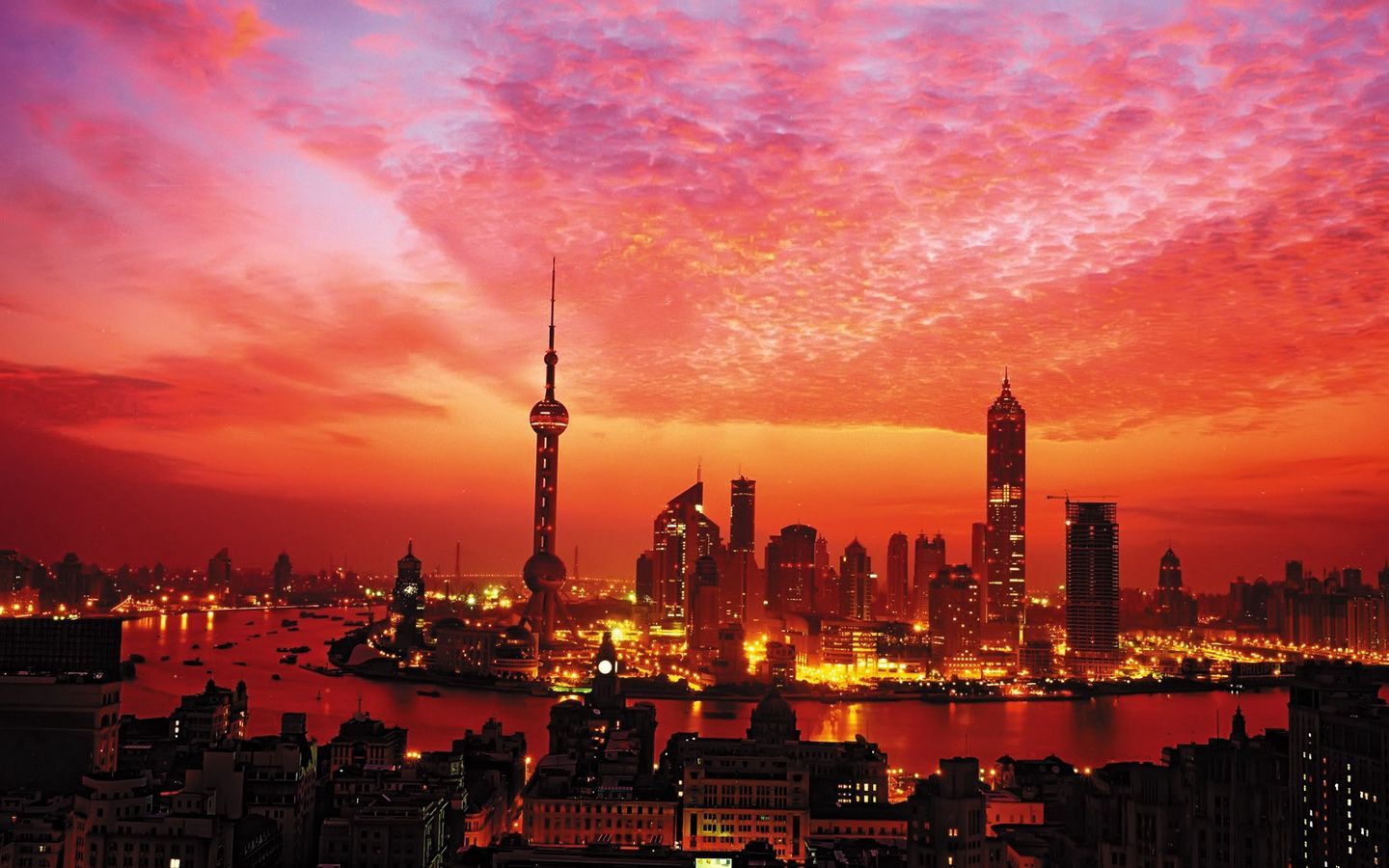 Download wallpaper 1440x900 sunset, light, city, top view widescreen 16:10 HD background