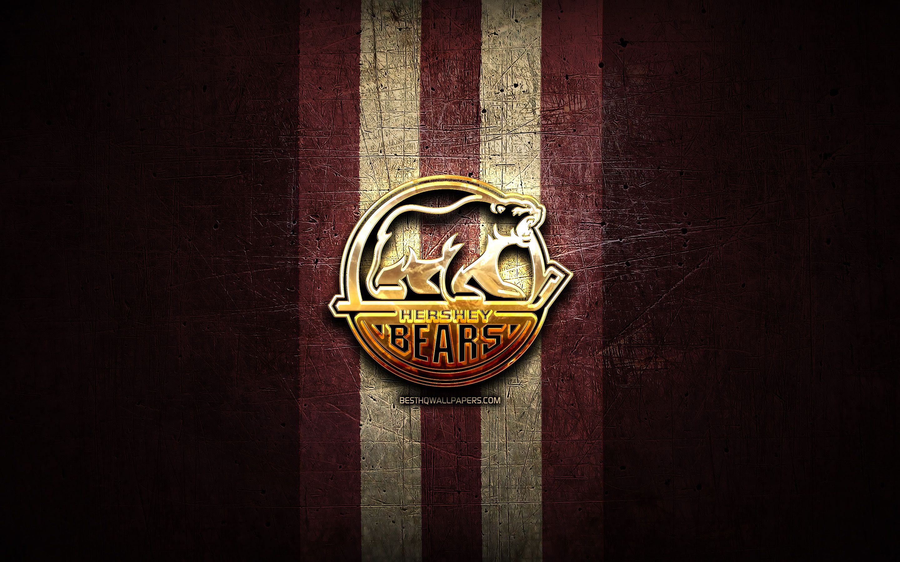 Download wallpaper Hershey Bears, golden logo, AHL, purple metal background, american hockey team, American Hockey League, Hershey Bears logo, hockey, USA for desktop with resolution 2880x1800. High Quality HD picture wallpaper