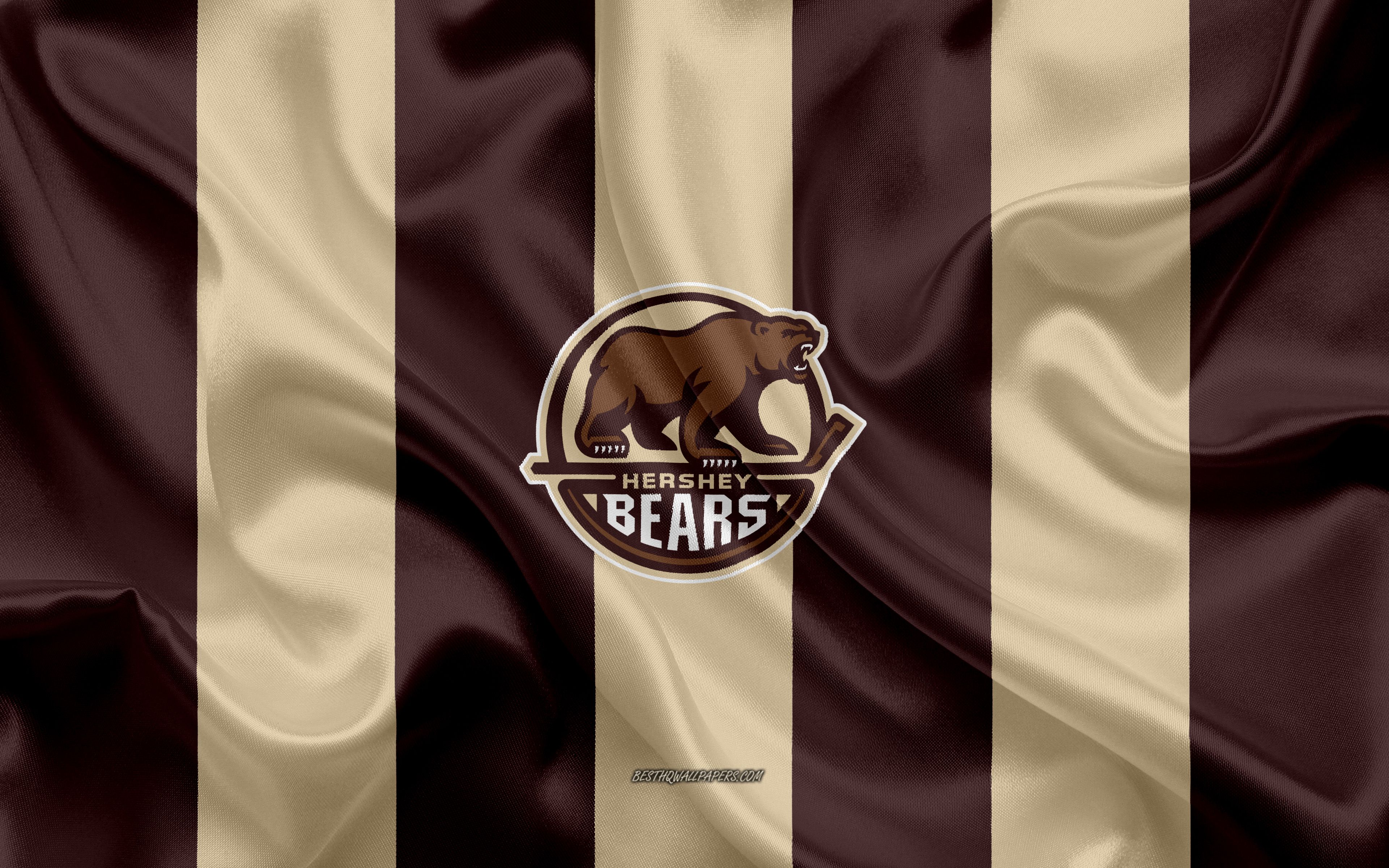 Download wallpaper Hershey Bears, American Hockey Club, emblem, silk flag, brown silk texture, AHL, Hershey Bears logo, Hershey, Pennsylvania, USA, hockey, American Hockey League for desktop with resolution 3840x2400. High Quality HD