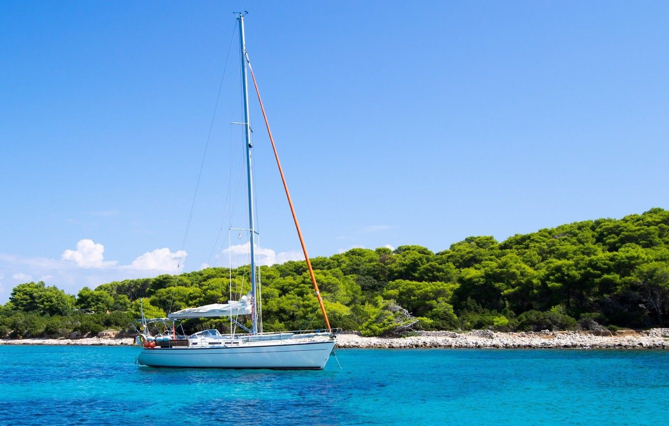 Wallpaper the sky, clouds, trees, Croatia, The Adriatic sea, sailing boat, the island of Hvar image for desktop, section пейзажи