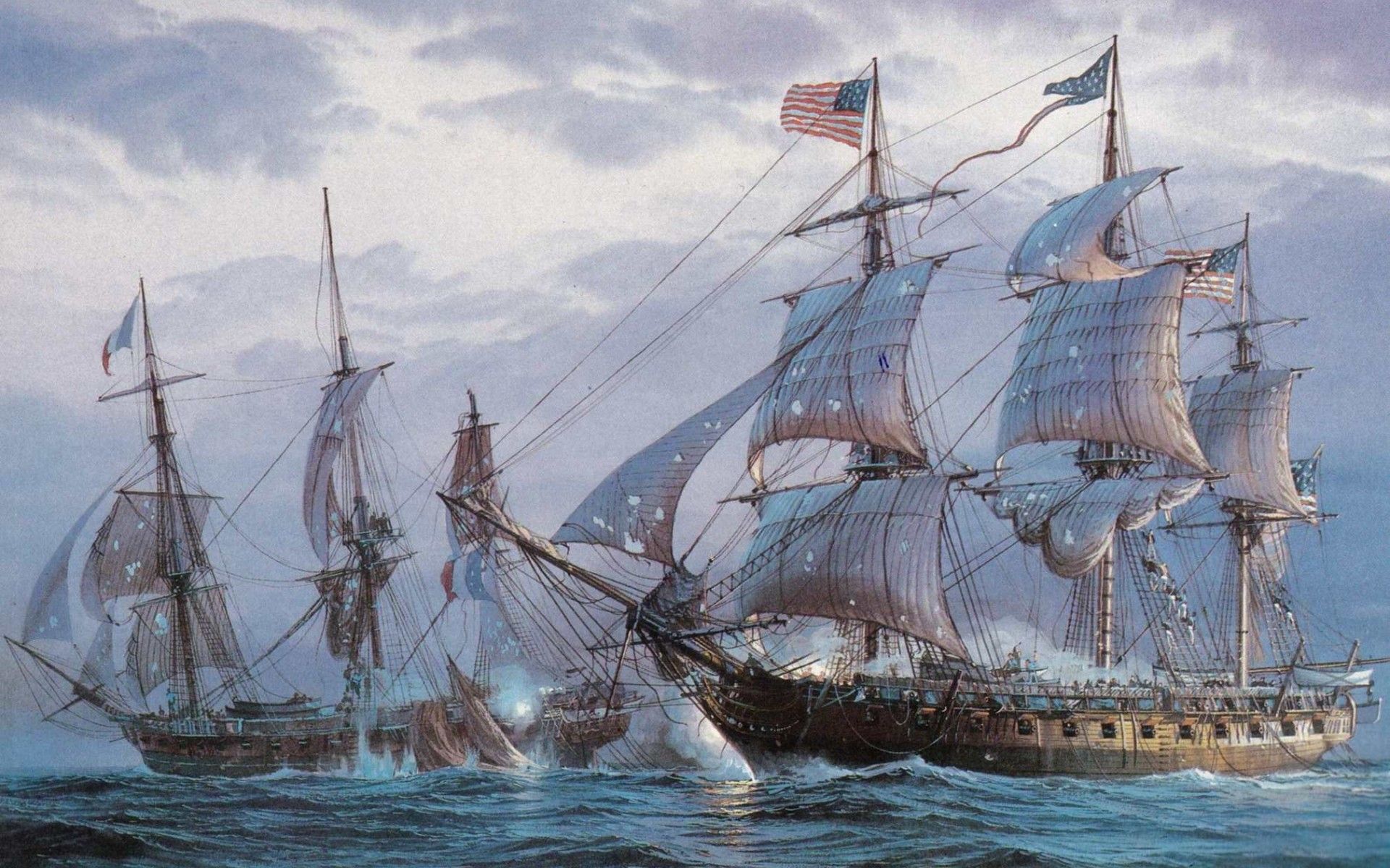 Painting sea battle sailing frigates shots damage oil on canvas ocean boat boats ship ships wallpaperx1200