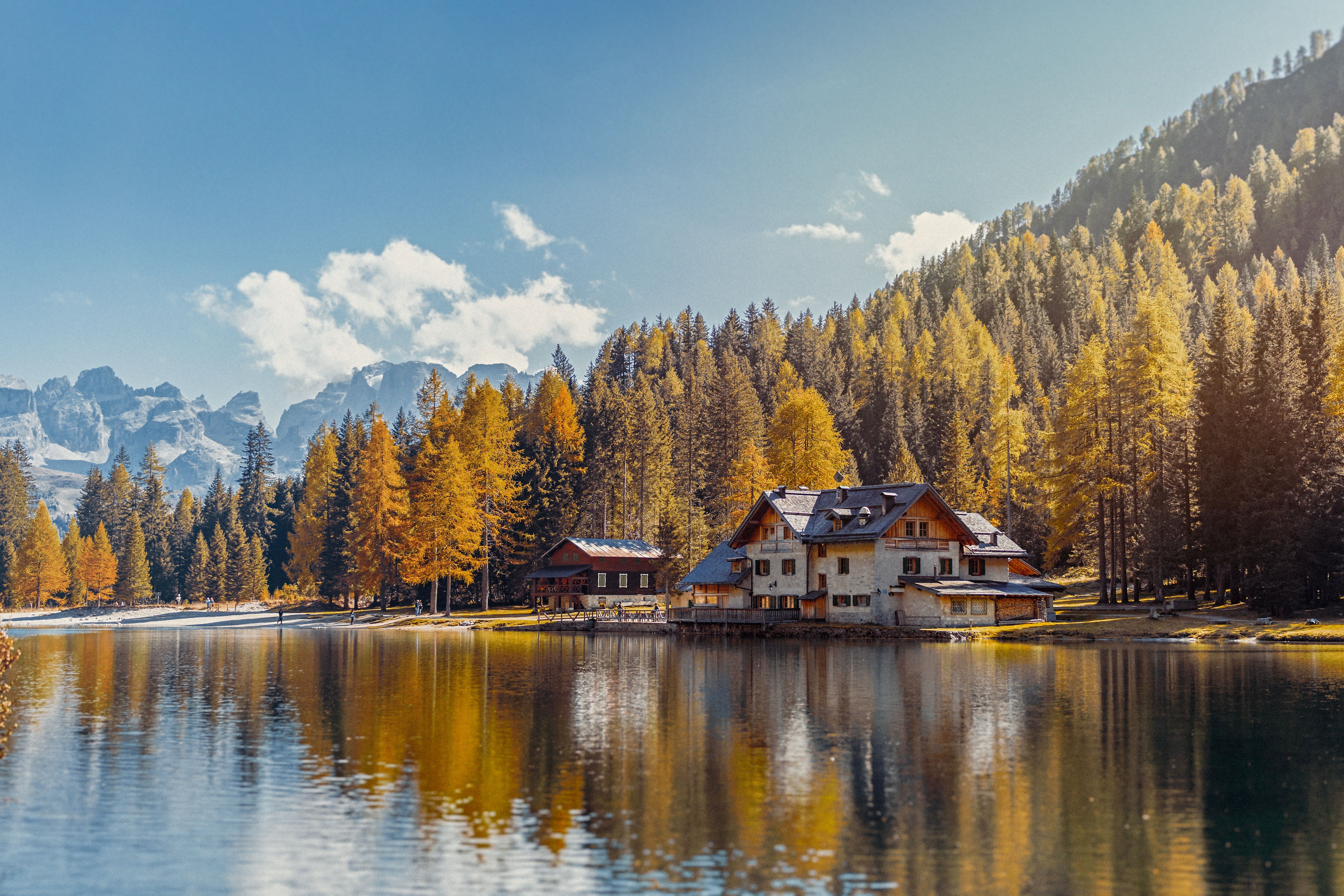 6000x4000 #water, #cabin, #woodland, #outdoor, #scenery, #reflection, #wilderness, #lakehouse, #home, #scenic, #yellow, #autumn, #remote, #lake, #Public domain image, #still, #house, #boathouse, #orange, #forest, #lakeside. Mocah.org HD