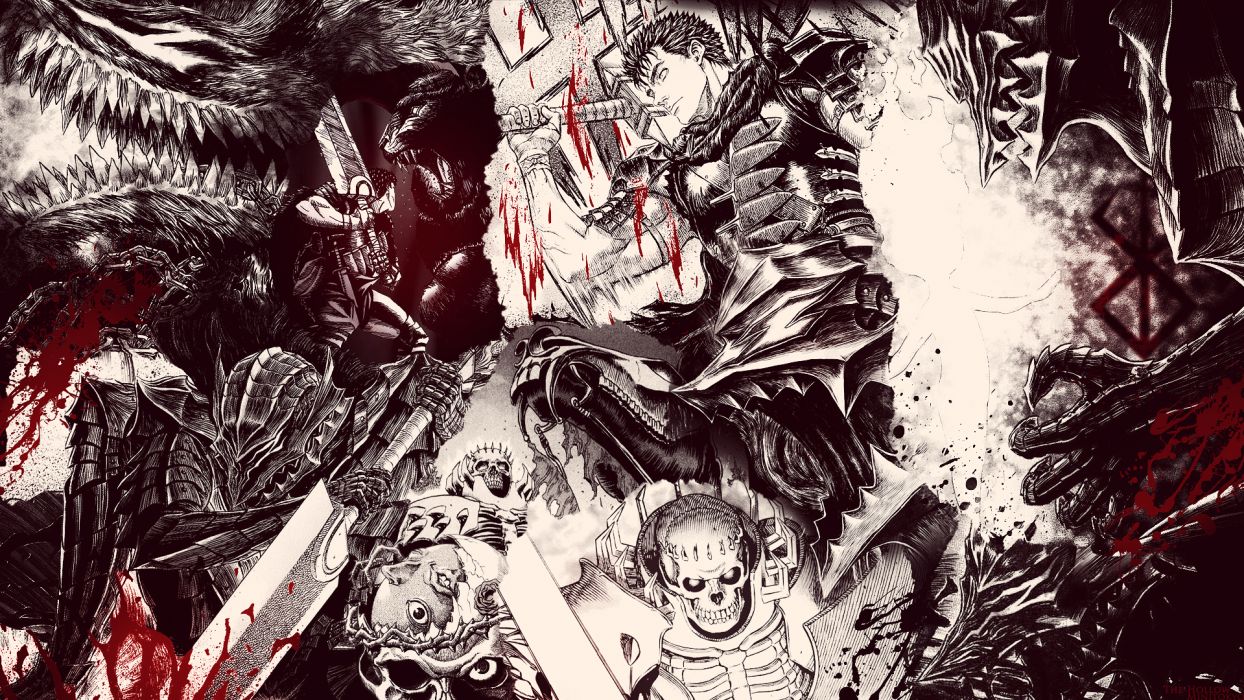 Anime berserk blood dark skulls battles evil weapons sword macabre wallpaperx1080