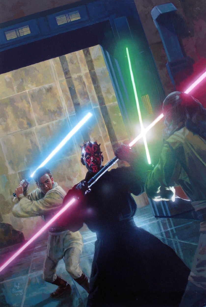 Darth Maul Engages Obi Wan Kenobi And Qui Gon Jinn. Star Wars, Star Wars Art, Star Wars Artwork