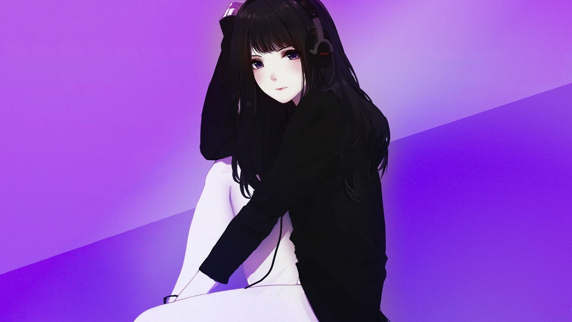 Desktop wallpaper headphone, cute, anime girl, black hoodie, HD image, picture, background, c095a4