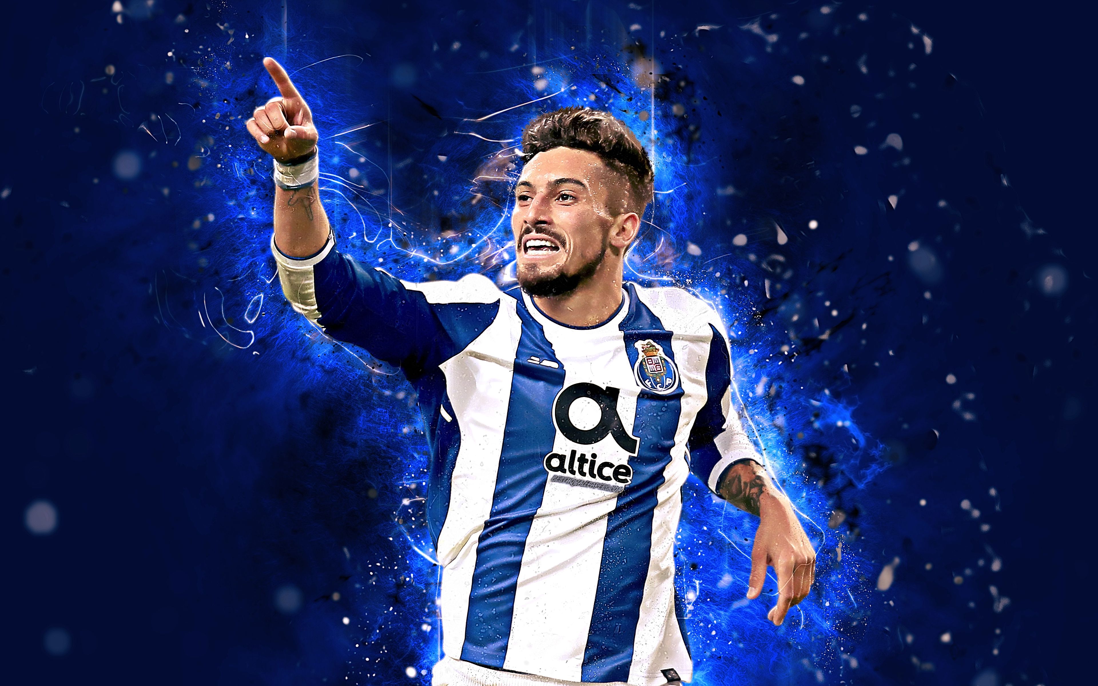 Download wallpaper Alex Telles, 4k, abstract art, football stars, Porto, soccer, Telles, Primeira Liga, footballers, neon lights, Porto FC, Brazilian footballer for desktop with resolution 3840x2400. High Quality HD picture wallpaper