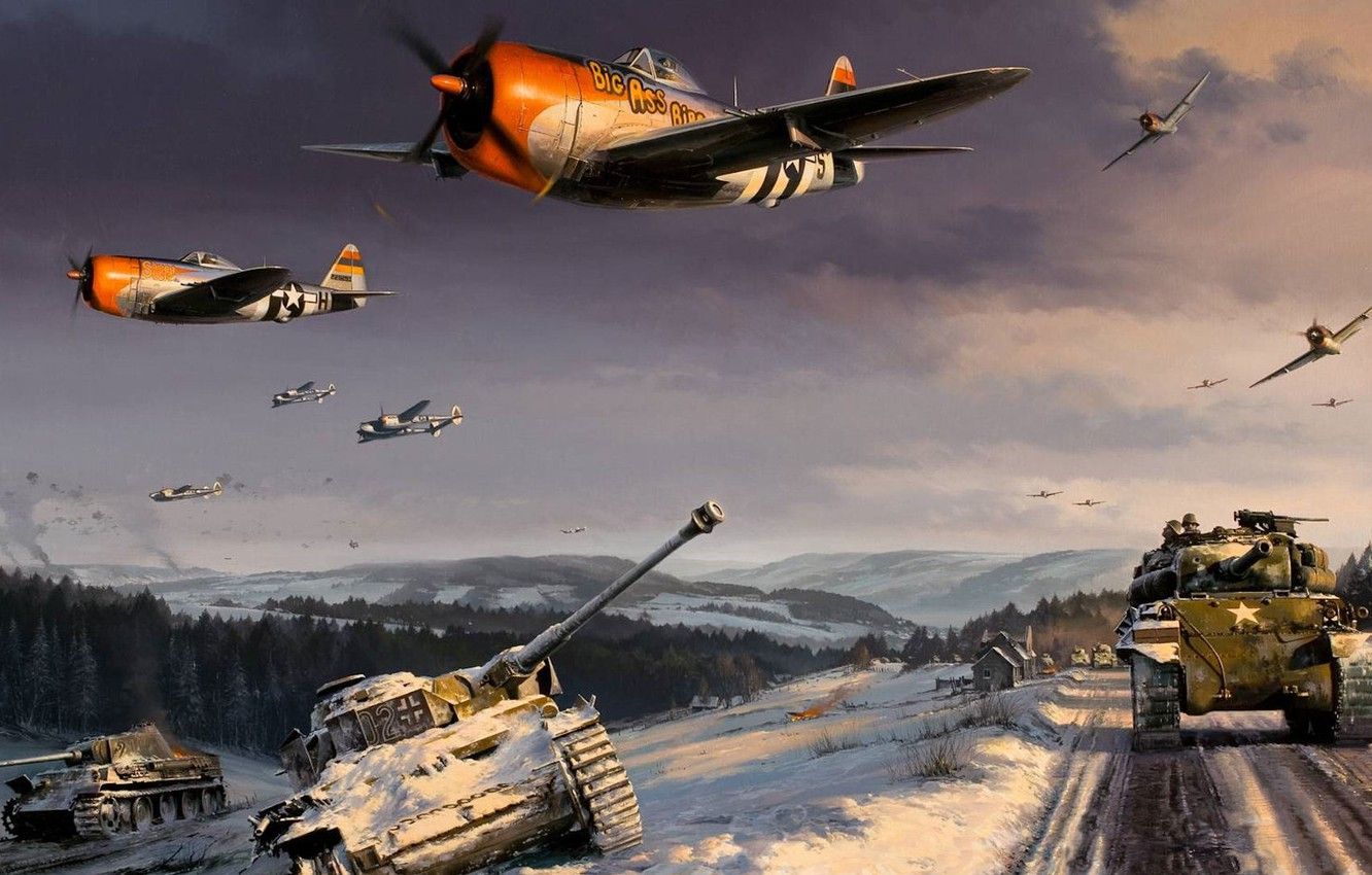 Wallpaper figure, art, Lightning, Thunderbolt, World War II, Sherman, P38, the battle for the Ardennes, P47 image for desktop, section авиация