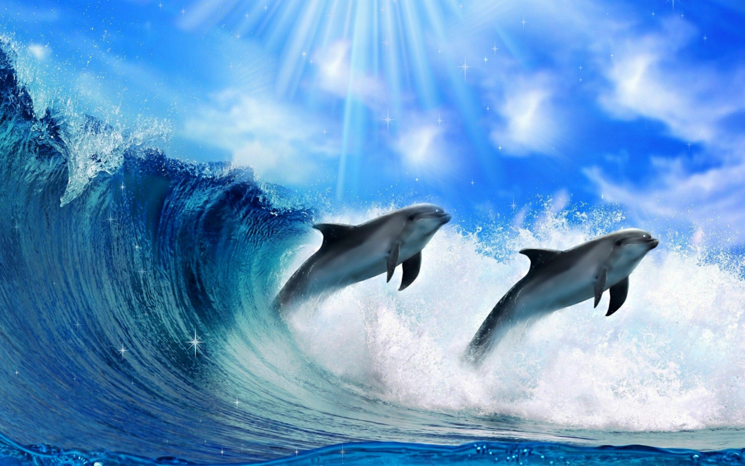 Inteligent animals -Dolphins play in the water jump in waves