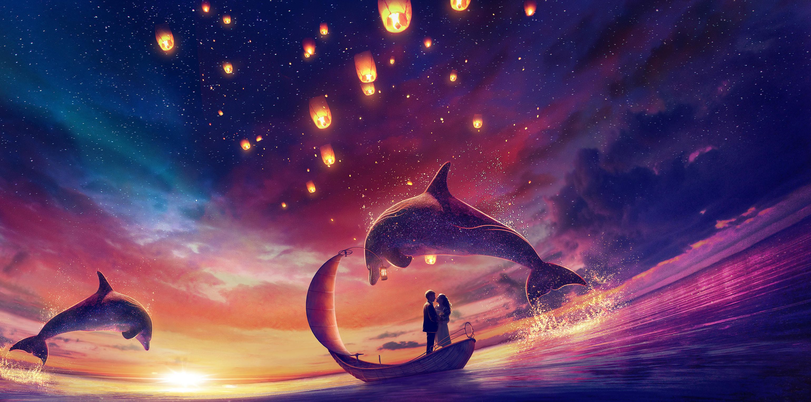 Couple in love on a boat in the water with dolphins wallpaper and image, picture, photo