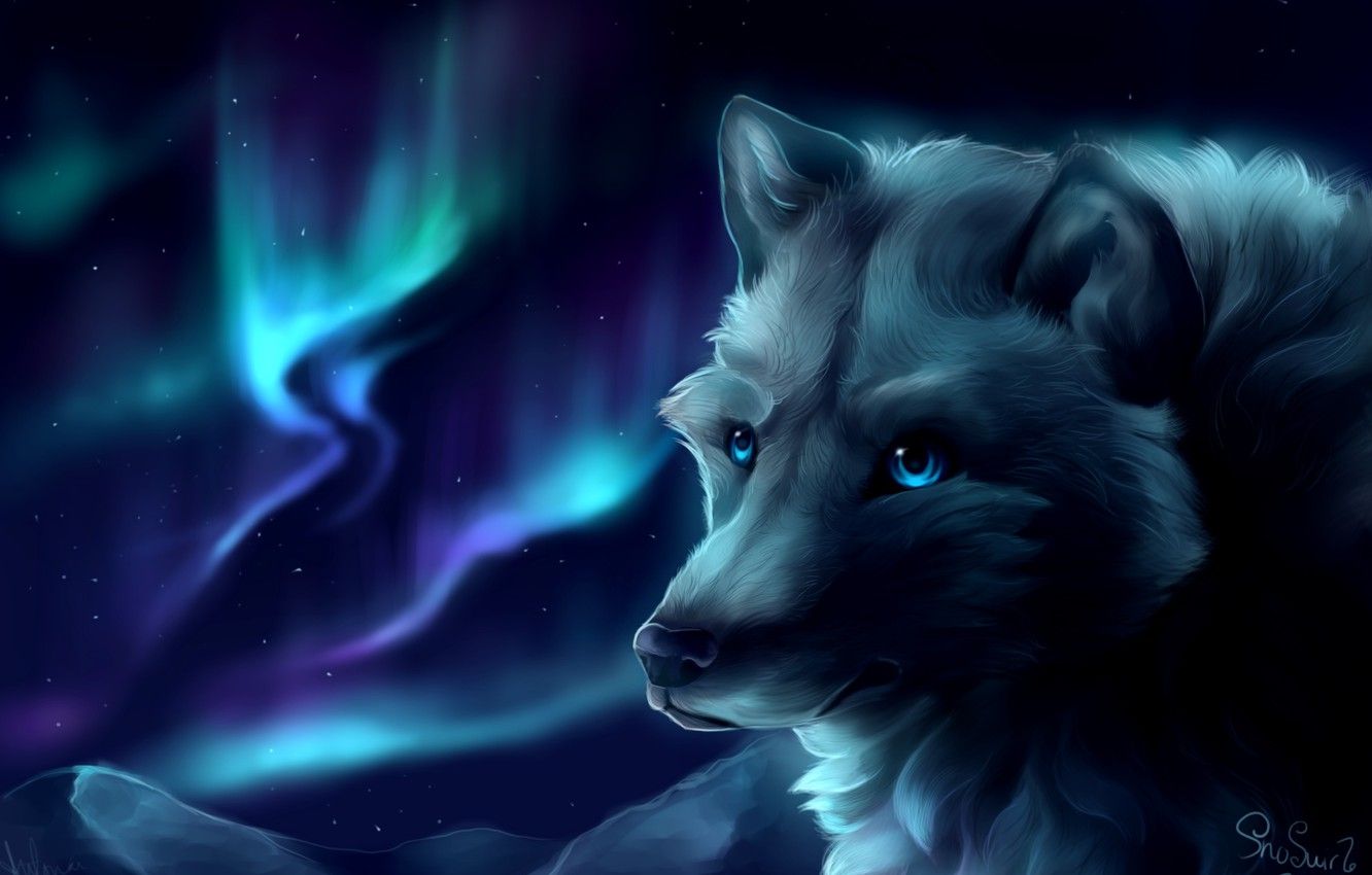 Wallpaper mountains, wolf, Northern lights, by SnoSwirl image for desktop, section живопись