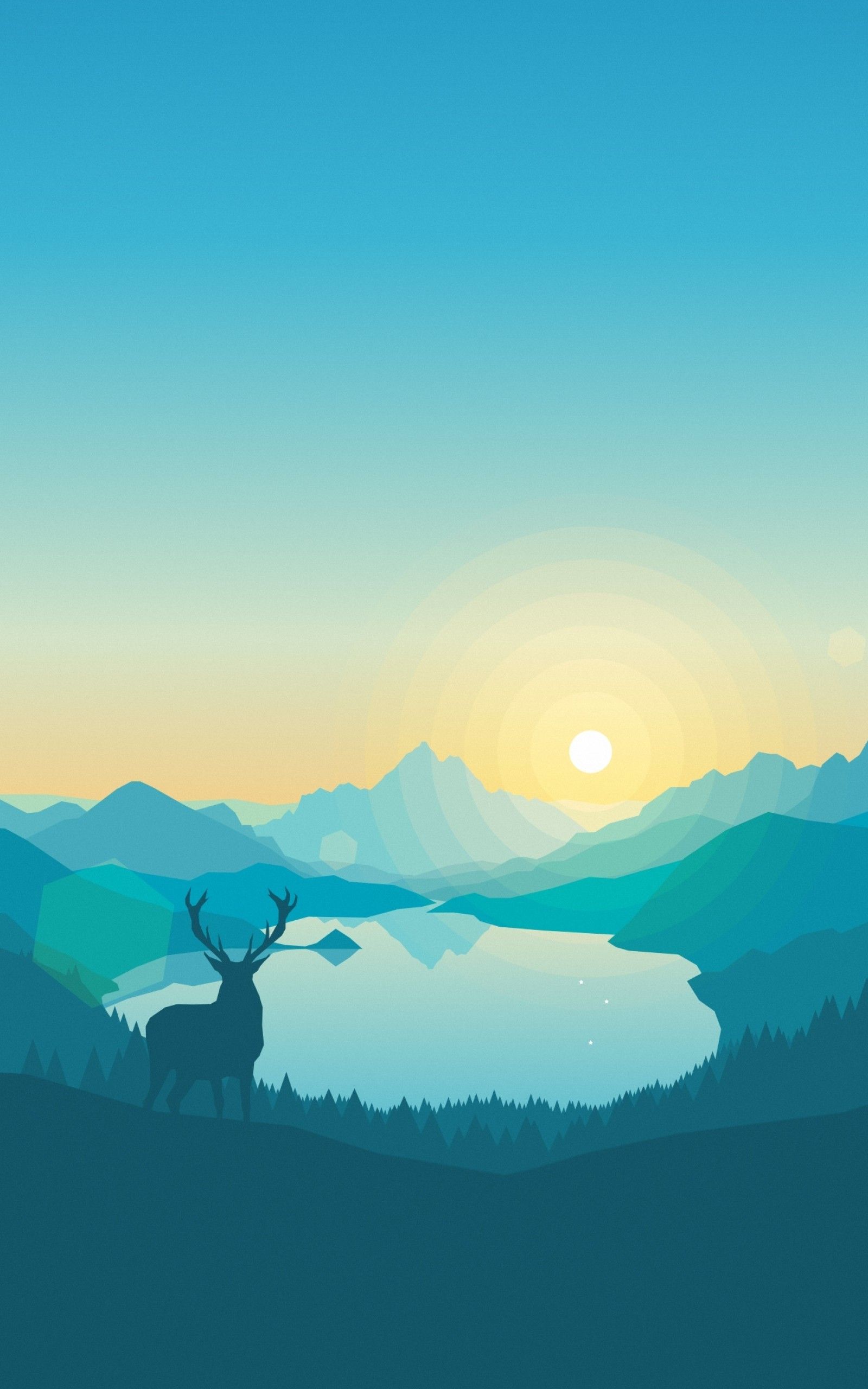 Download 1600x2560 Flat Landscape, Minimalism, Deer, Lake, Mountains, Digital Art Wallpaper for Google Nexus 10