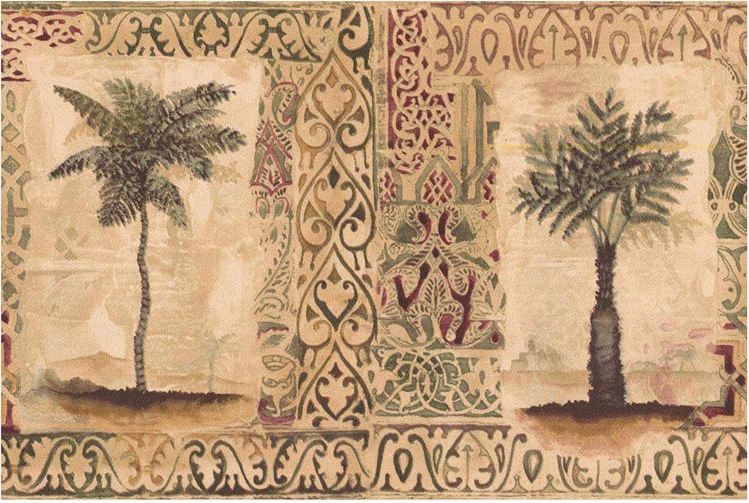 Wall Border Palm Trees in Squares Faux Carpet Beige Wallpaper Border Retro Design, Prepasted Roll 15 ft. x 7 in.: Kitchen & Dining
