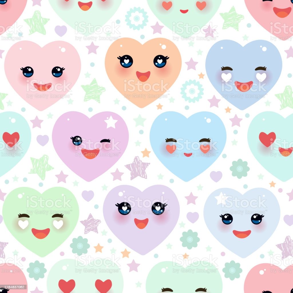 Seamless Pattern Funny Kawaii Heart Pink Yellow Lilac Orange Blue Green On White Background Valentines Day Card Banner Can Be Used For Gift Wrap Fabrics Wallpaper Vector Stock Illustration