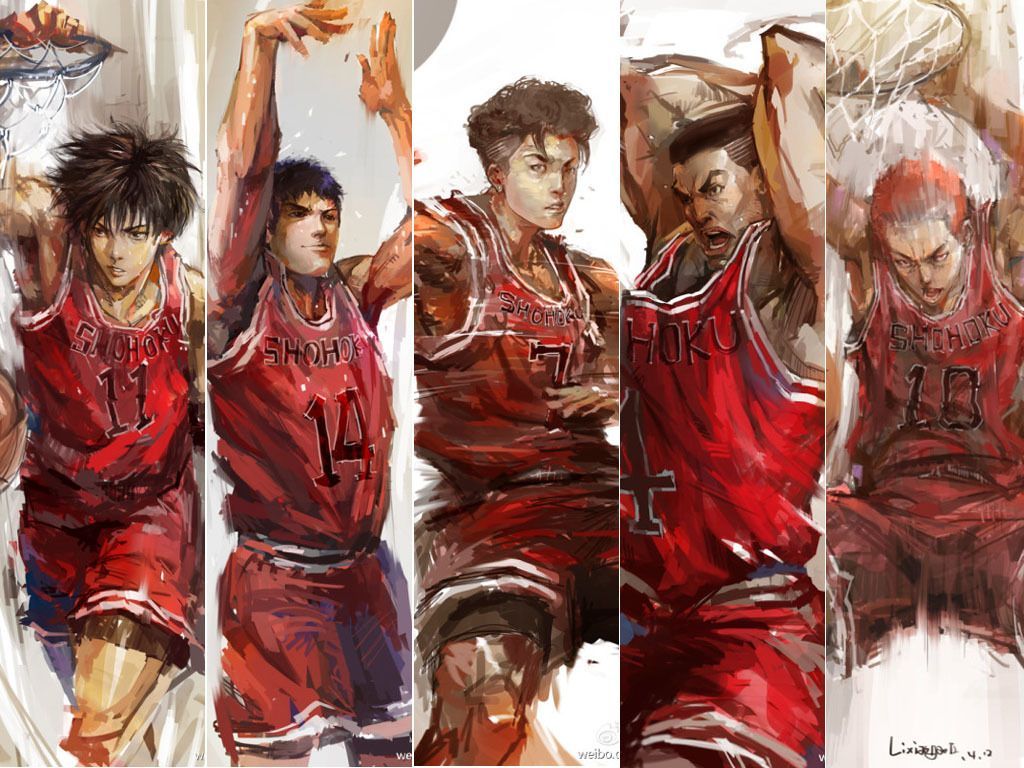 Tags: Fanart, Wallpaper, Slam Dunk, Pixiv, Sakuragi Hanamichi, Rukawa Kaede, Akagi Takenori, Mitsui Hisashi, Miyagi R. Slam dunk anime, Slam dunk manga, Slam dunk