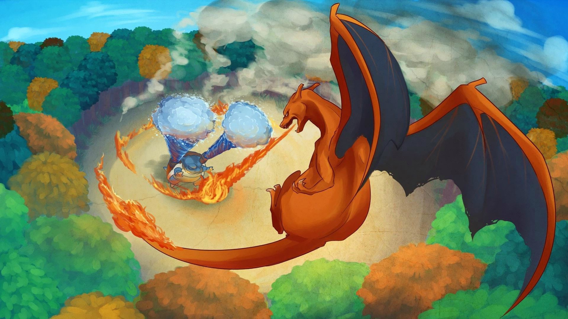 Charizard, Blastoise, Pokémon, Artwork, Fantasy art, Fire, Dragon, Water Wallpaper HD / Desktop and Mobile Background