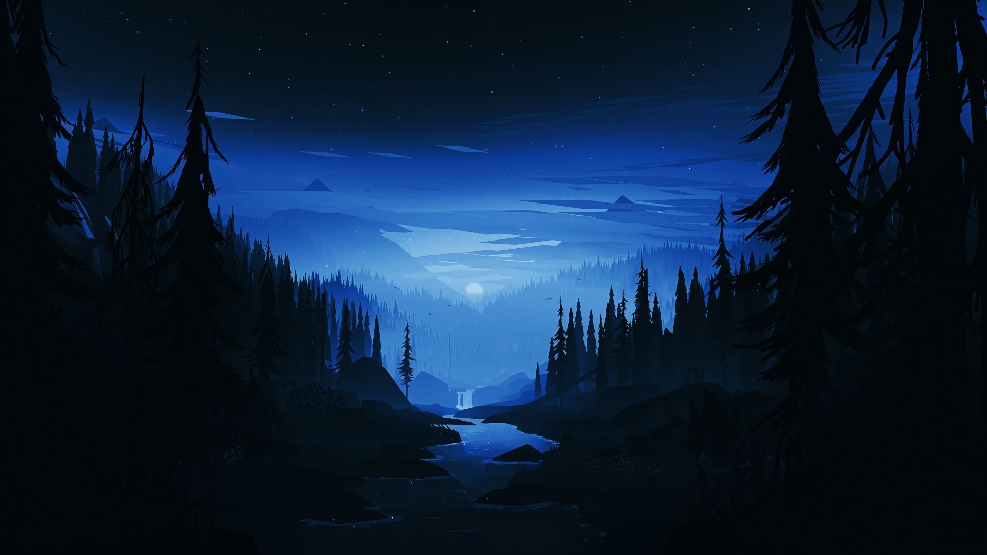 Dark night, river, forest, minimal, art wallpaper, HD image, picture, background, 95afc8