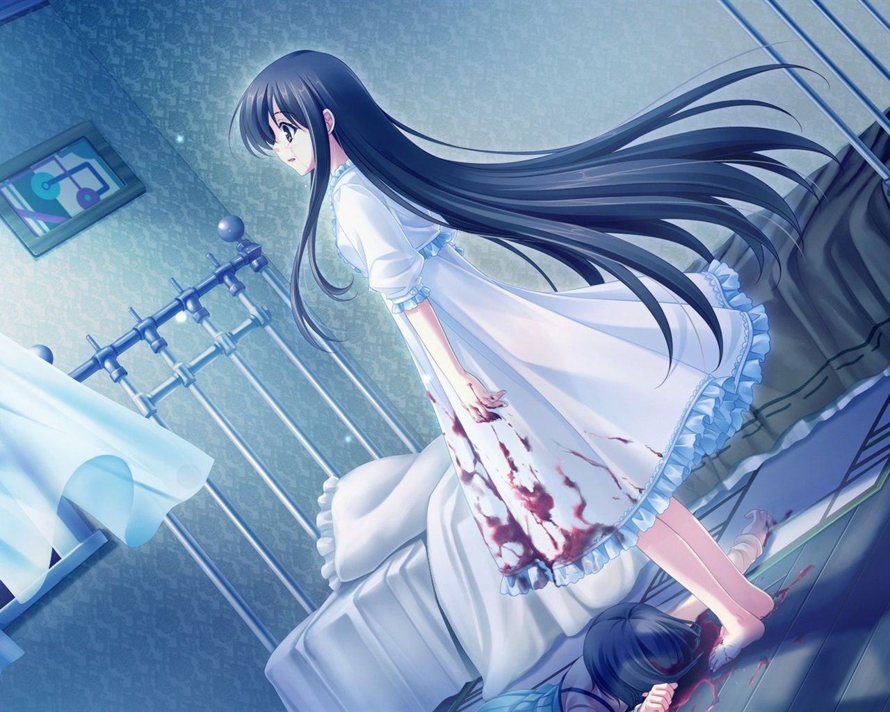 Wallpaper Blue hair anime girl, room, blood 1680x1050 HD Picture, Image
