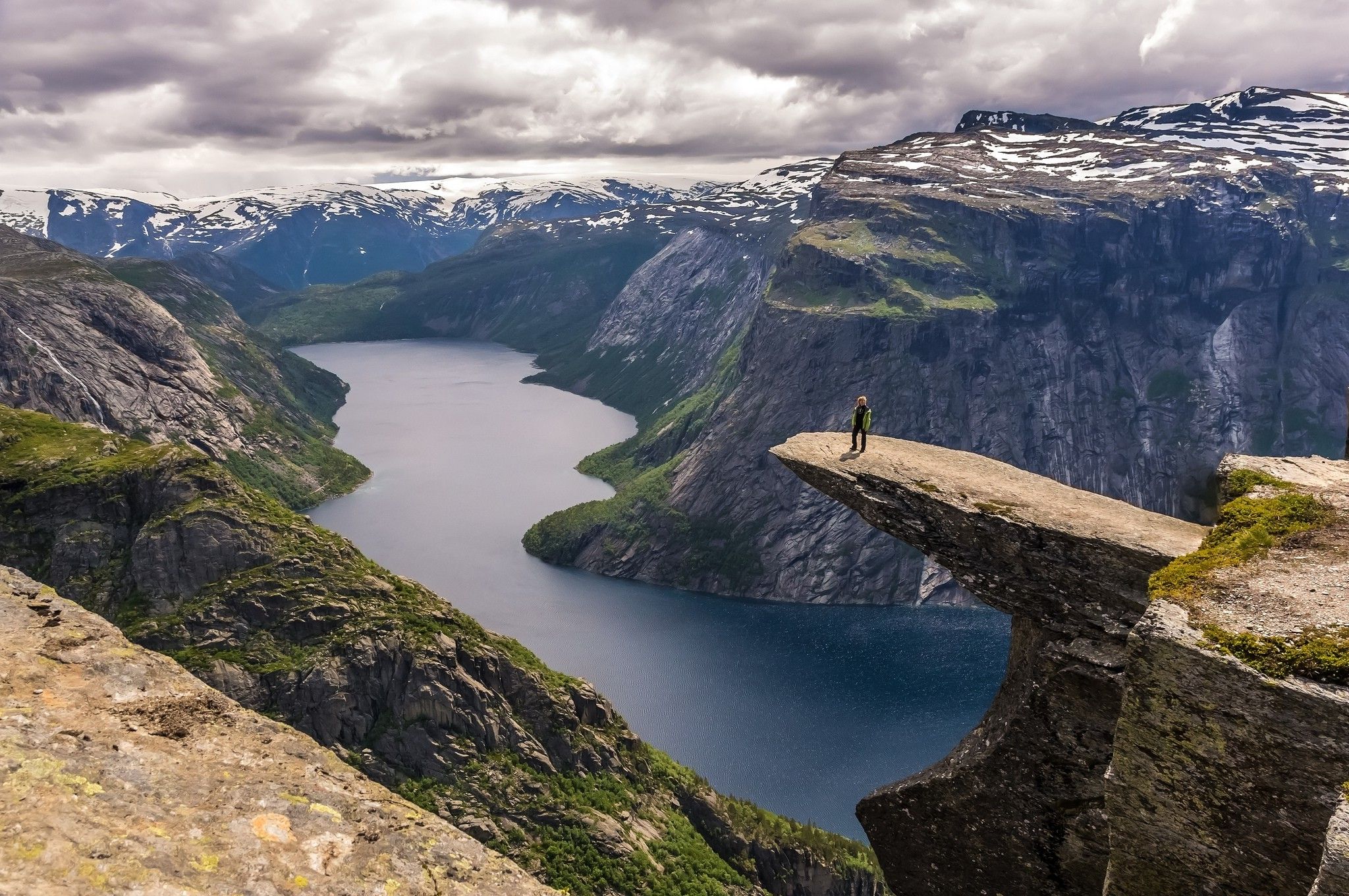 women, Nature, Photography, Landscape, Fjord, Canyon, Rocks, Snow, Clouds, Cliff, Hiking, Stone, Norway Wallpaper HD / Desktop and Mobile Background