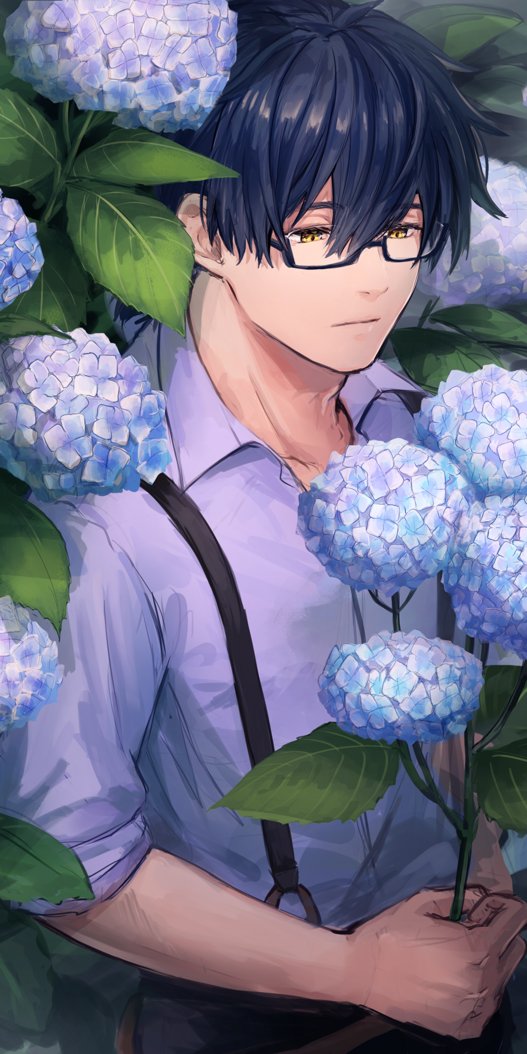 Download 1080x2160 Anime Boy, Glasses, Purple Flowers Wallpaper for Huawei Mate 10