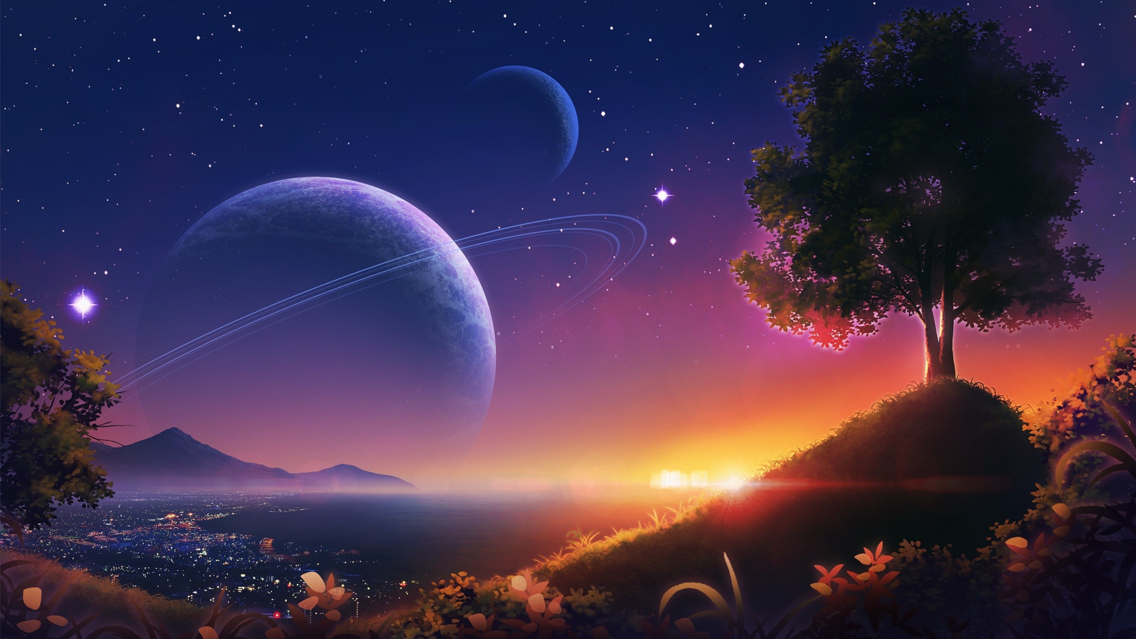 Download 3840x2160 Anime Night Scene, Planets, Sky, Stars, Scenic Wallpaper for UHD TV