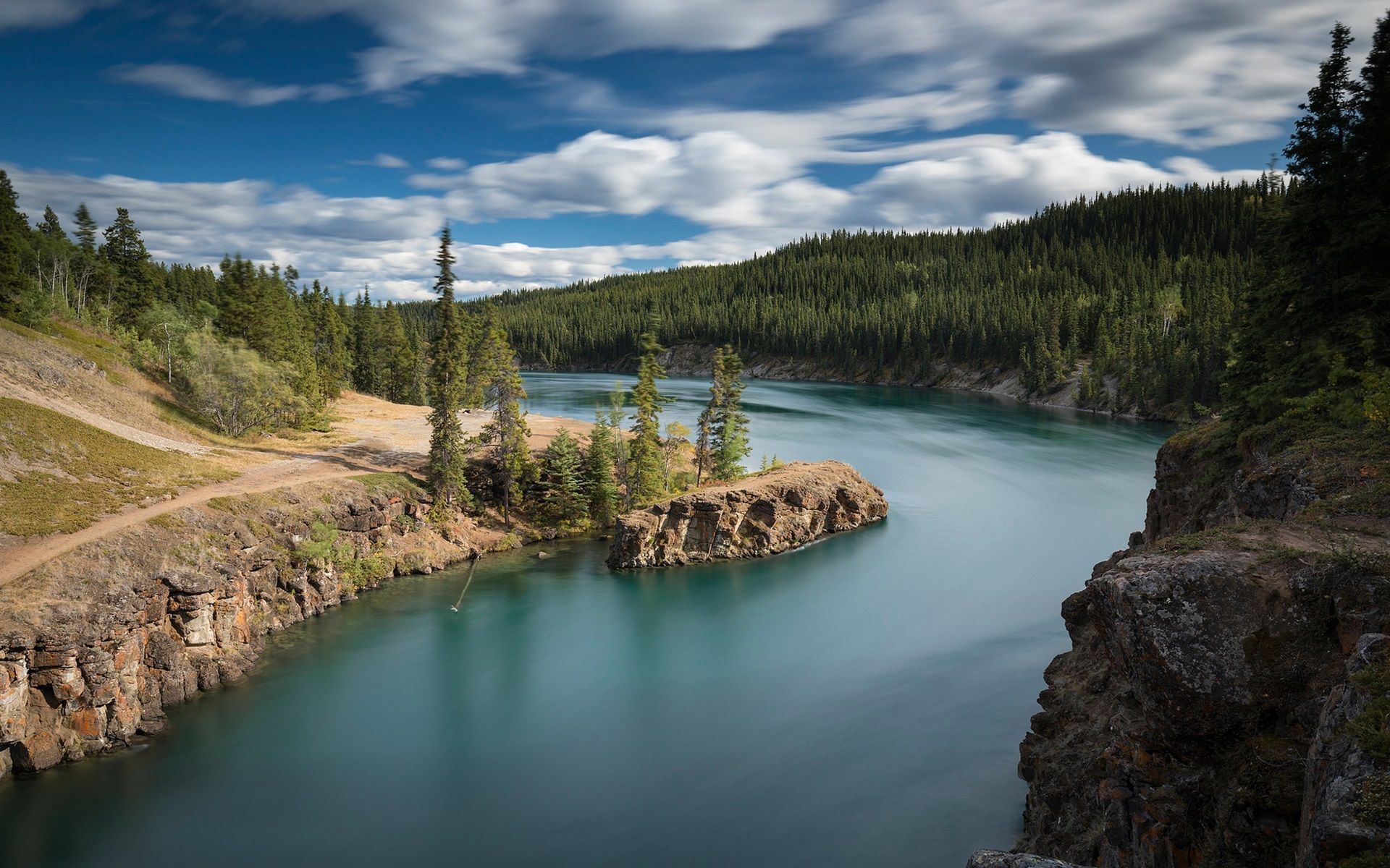 Wallpaper Canada, Yukon River, Miles Canyon, forest, rocks, clouds 1920x1200 HD Picture, Image
