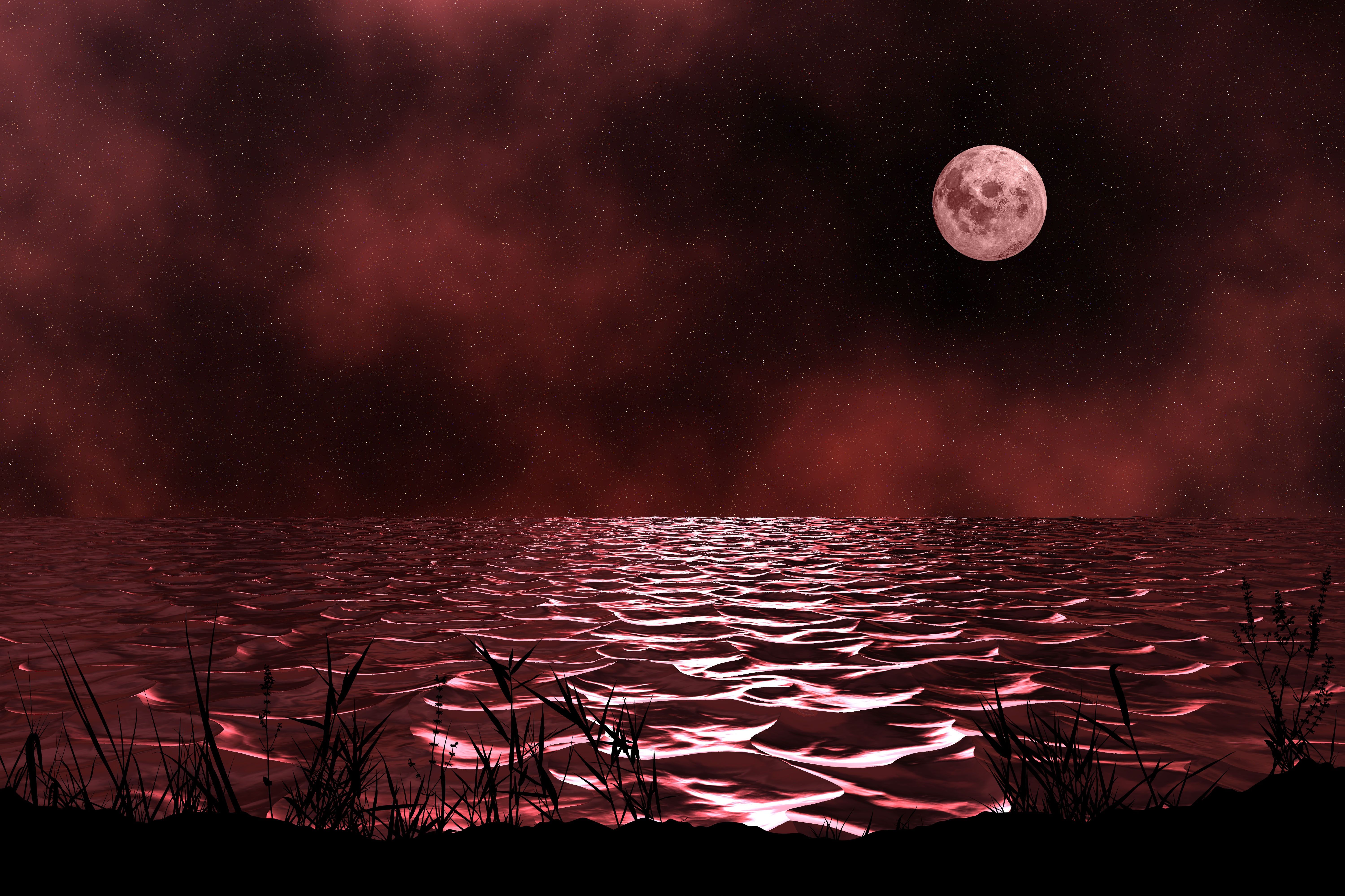 Download wallpaper 6000x4000 sea, night, moon, waves, dim, red HD background