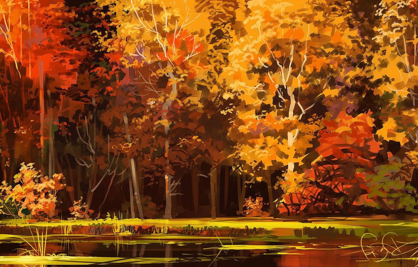 Wallpaper autumn, forest, trees, lake, art image for desktop, section живопись