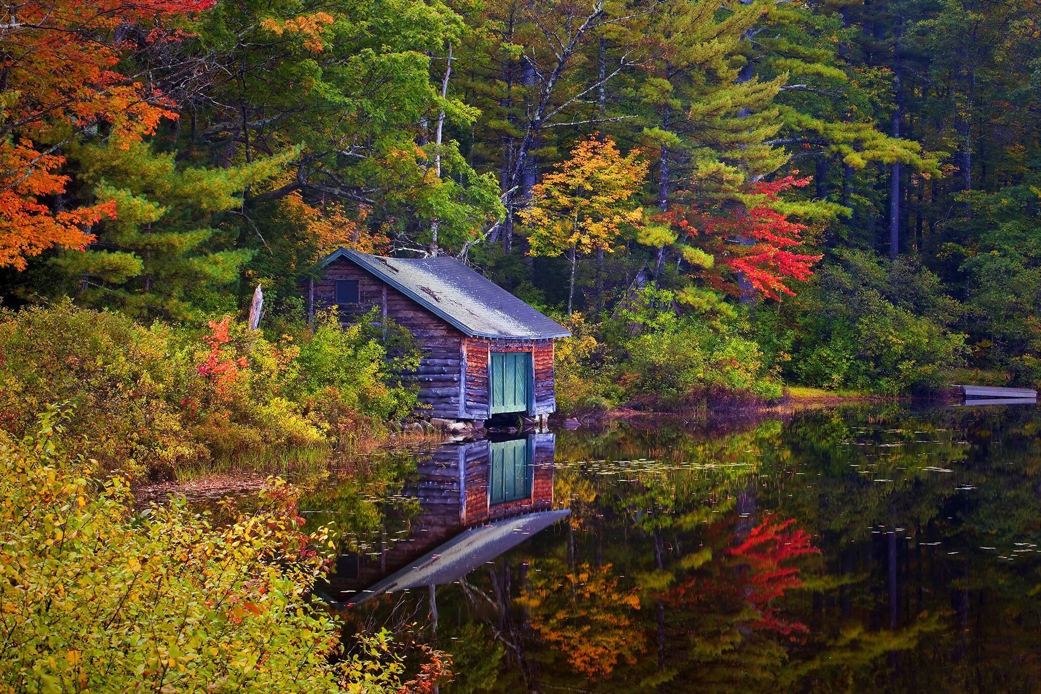 Lake house forest trees landscape autumn wallpaperx1365