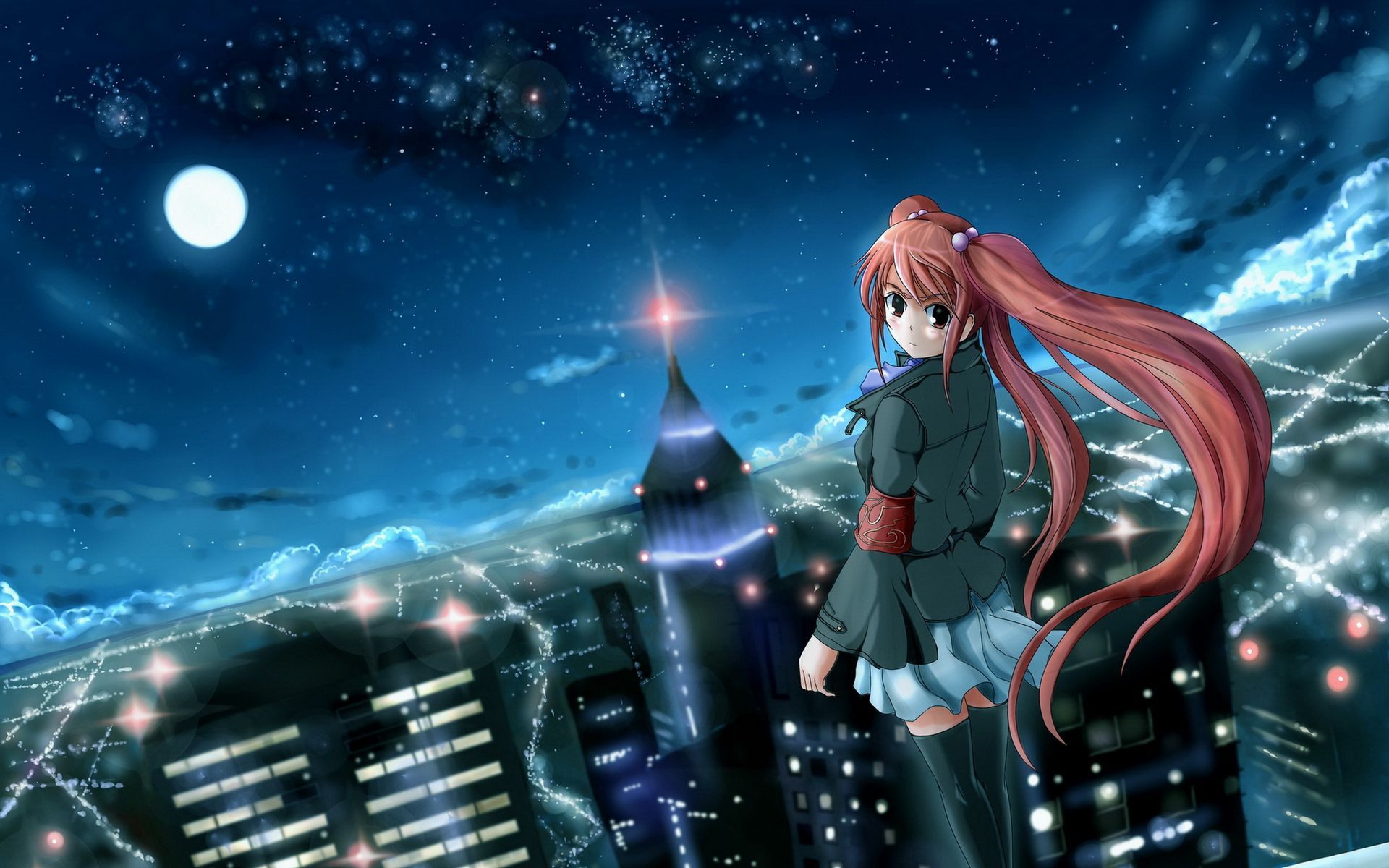 Download wallpaper 1920x1200 anime, girl, city, night, wind widescreen 16:10 HD background