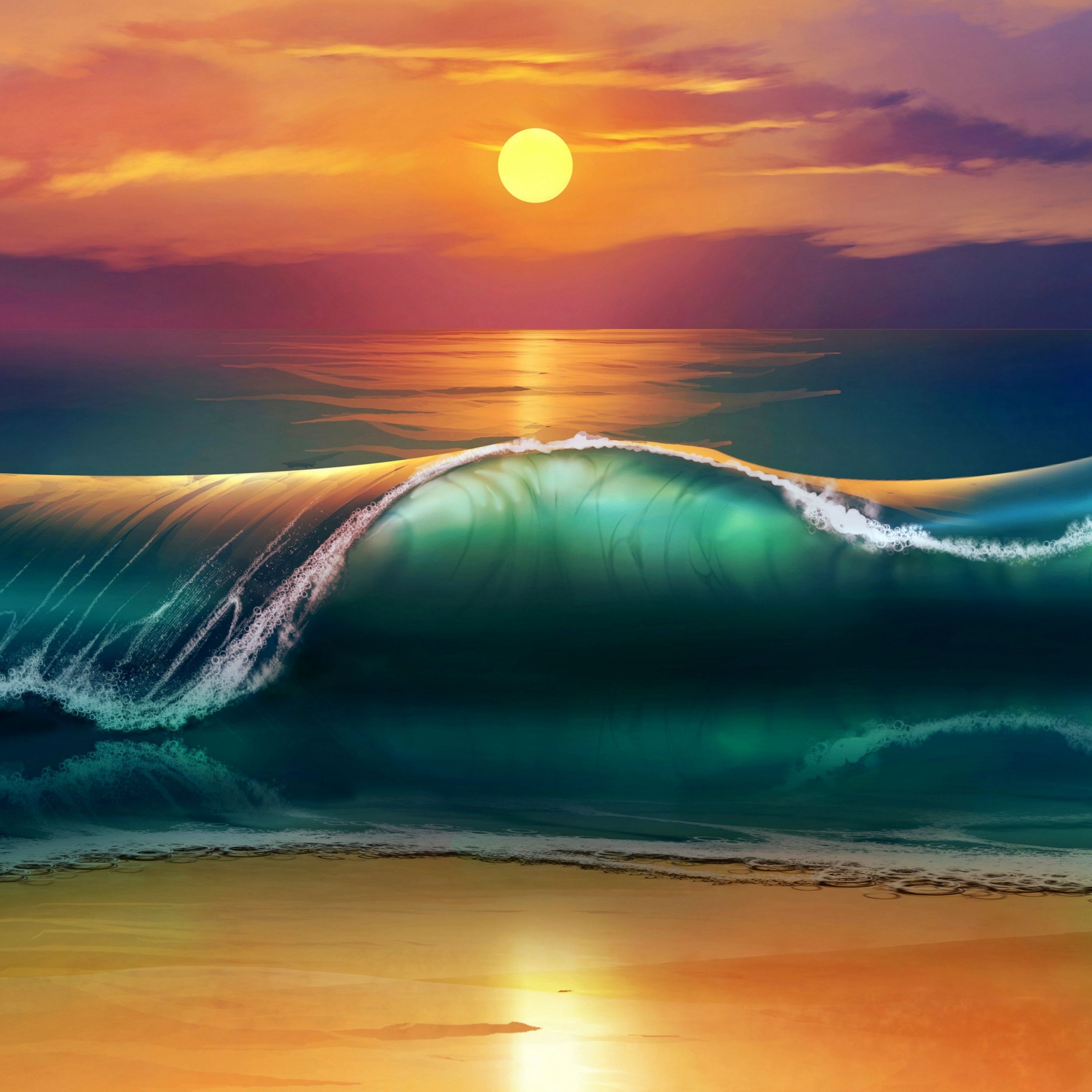 Art sunset beach sea waves iPad Pro Wallpaper Free Download