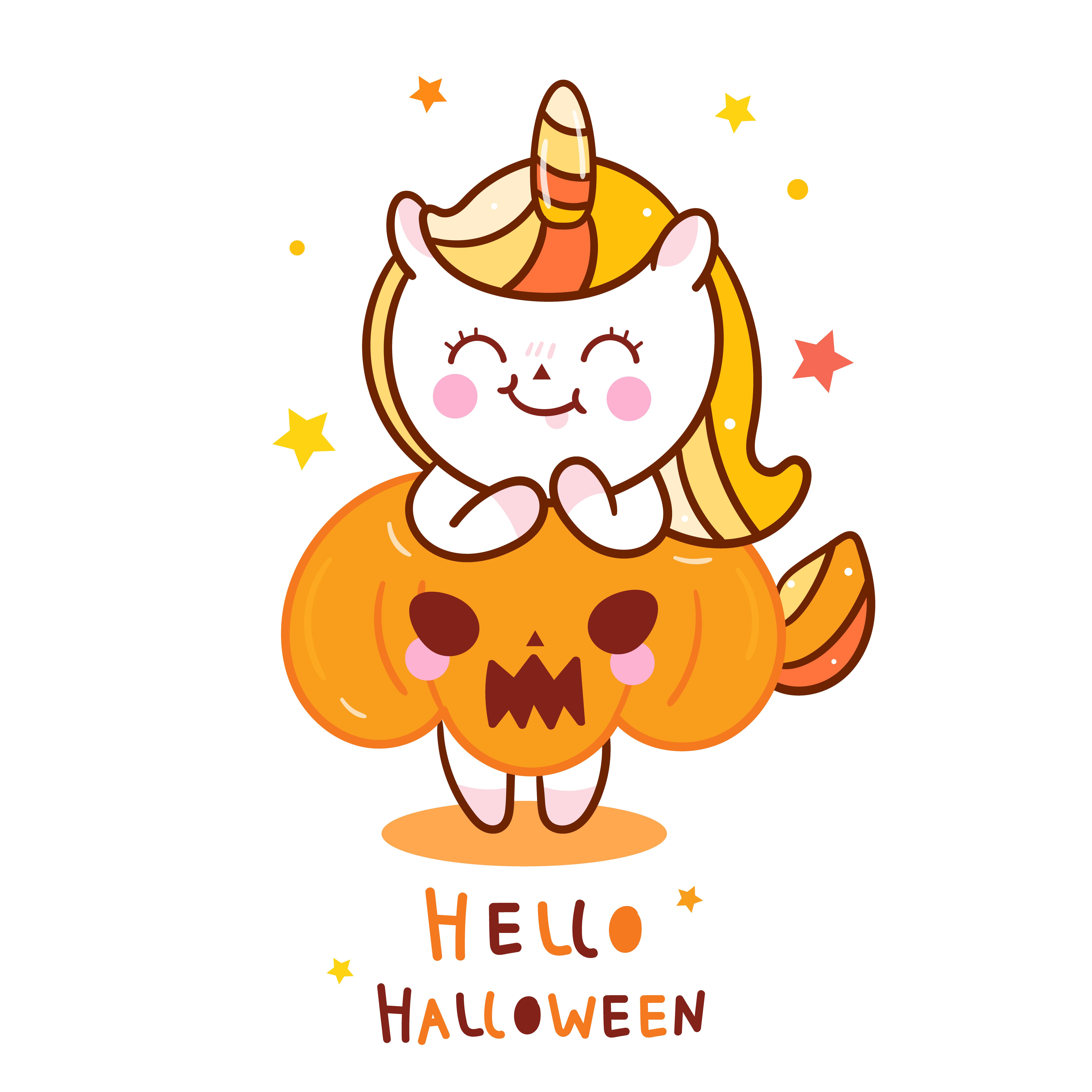 Cute Unicorn Halloween vector with pumpkin cartoon, Pretty Pony horse Trick or treat holiday, festiva. Unicorn halloween, Halloween vector, Cute unicorn