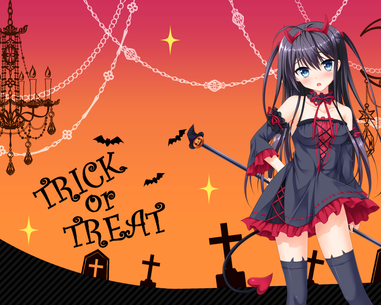 Download 1280x1024 Anime Girl, Halloween Demon Dress, Tail, Blue Eyes, Headband Wallpaper