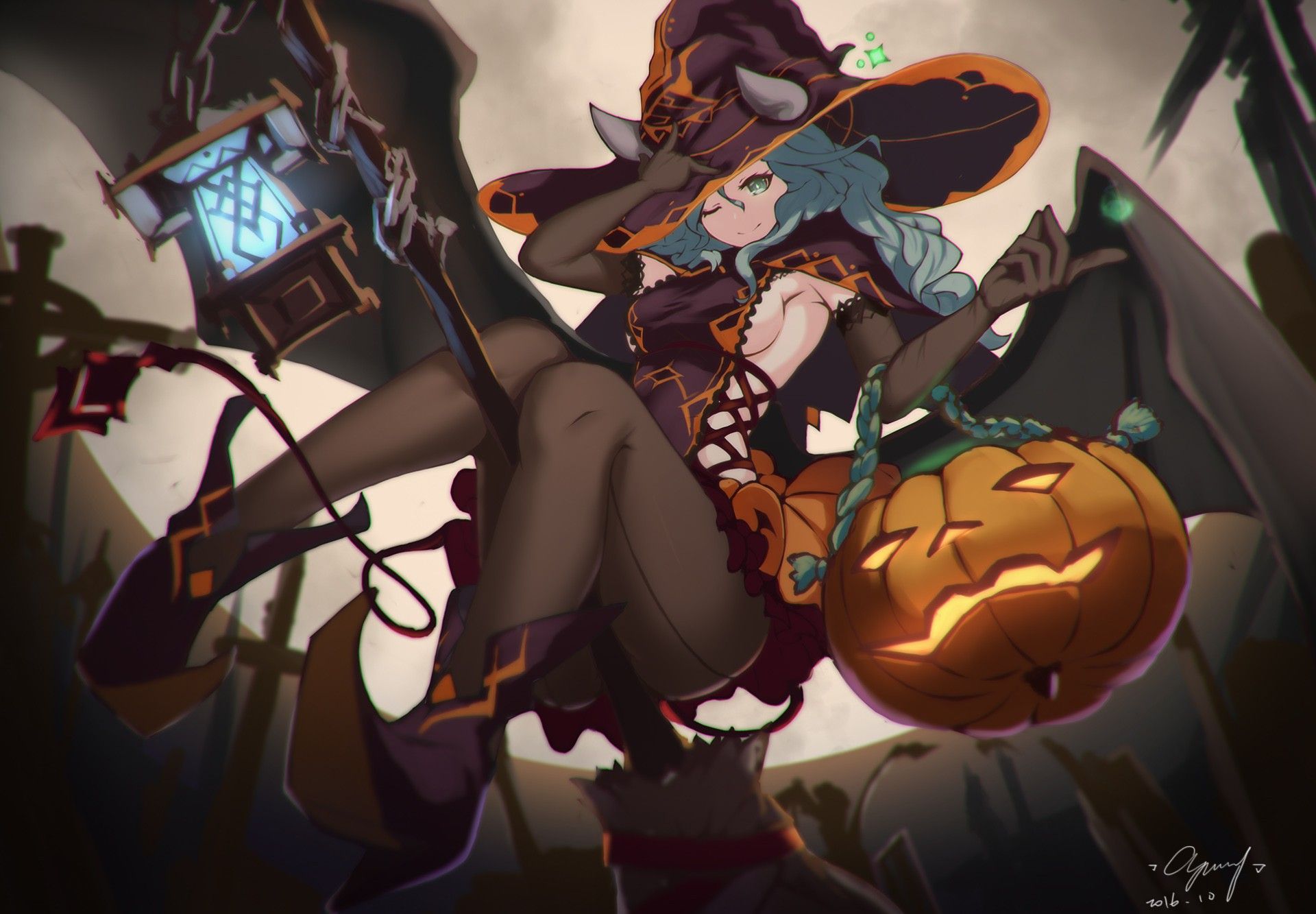 #sideboob, #witches broom, #lighter, #Halloween, #blue hair, #pumpkin, #lantern, #legs, #witch hat, #demon girls, wallpaper. Mocah.org HD Desktop Wallpaper