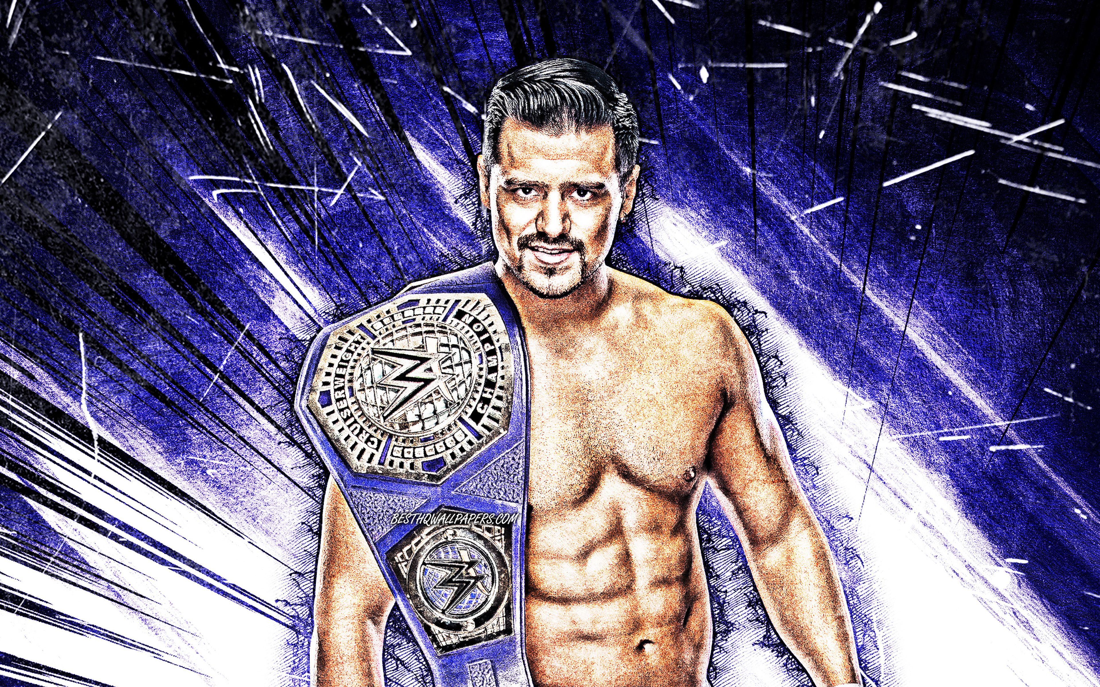 Download wallpaper 4k, Angel Garza, grunge art, WWE, mexican wrestler, violet abstract rays, Angel Humberto Garza Solano, wrestling, Angel Garza with belt creative, wrestlers, Angel Garza 4K for desktop with resolution 3840x2400